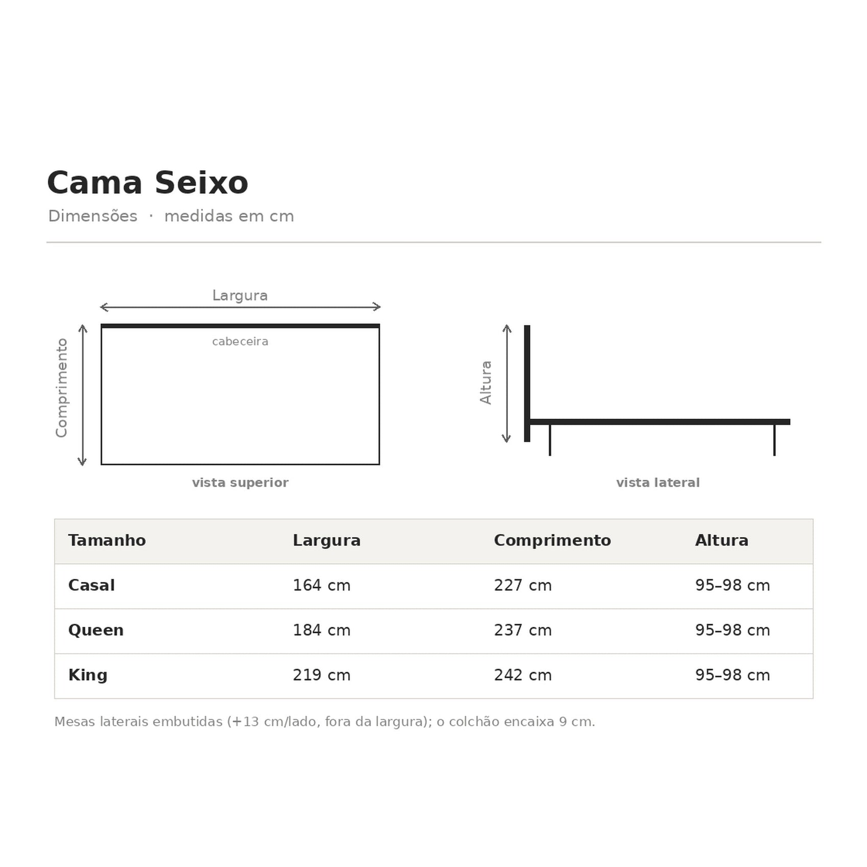 Tabela de dimensões da Cama Seixo: larguras e comprimentos de Casal, Queen e King