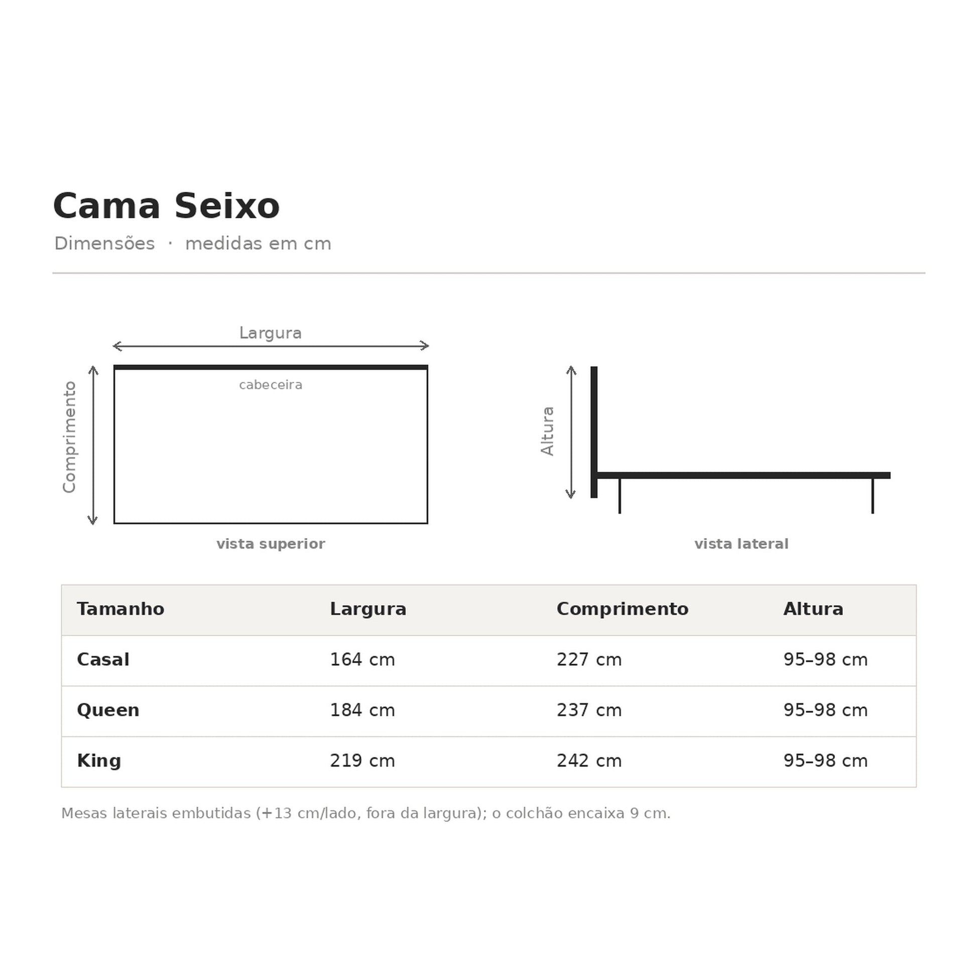 Tabela de dimensões da Cama Seixo: larguras e comprimentos de Casal, Queen e King