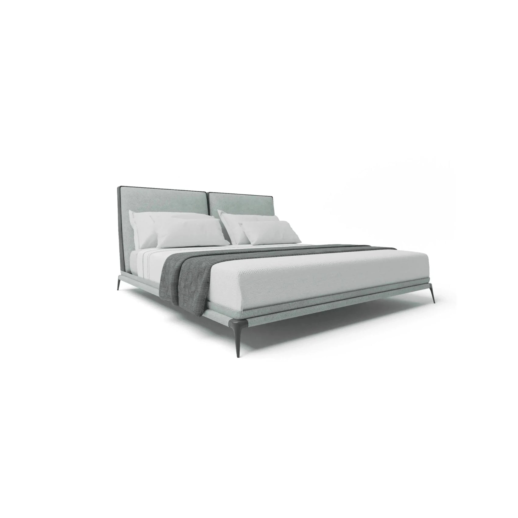 Cama estofada com cabeceira alta cinza, pés metálicos e roupa de cama branca