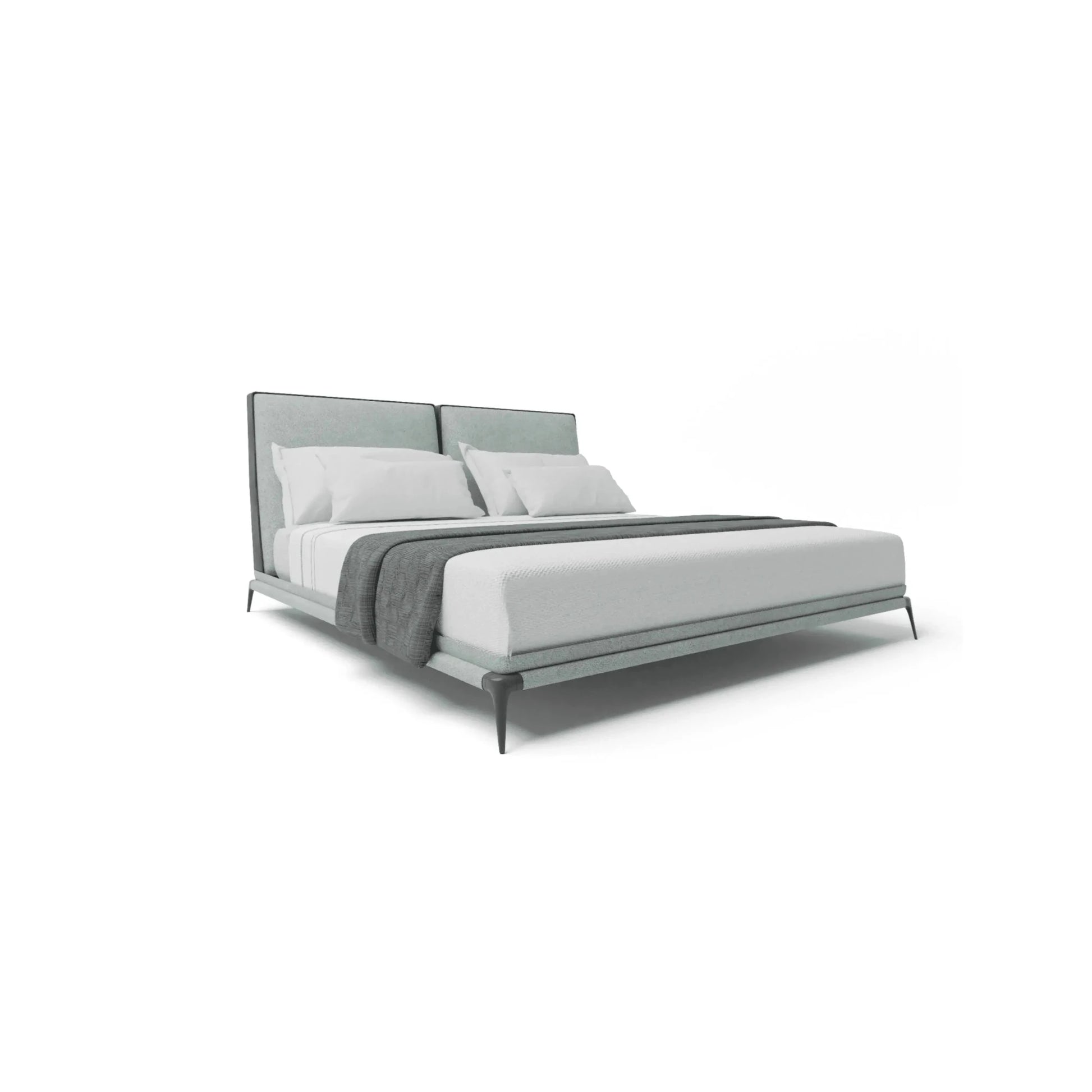 Cama estofada com cabeceira alta cinza, pés metálicos e roupa de cama branca