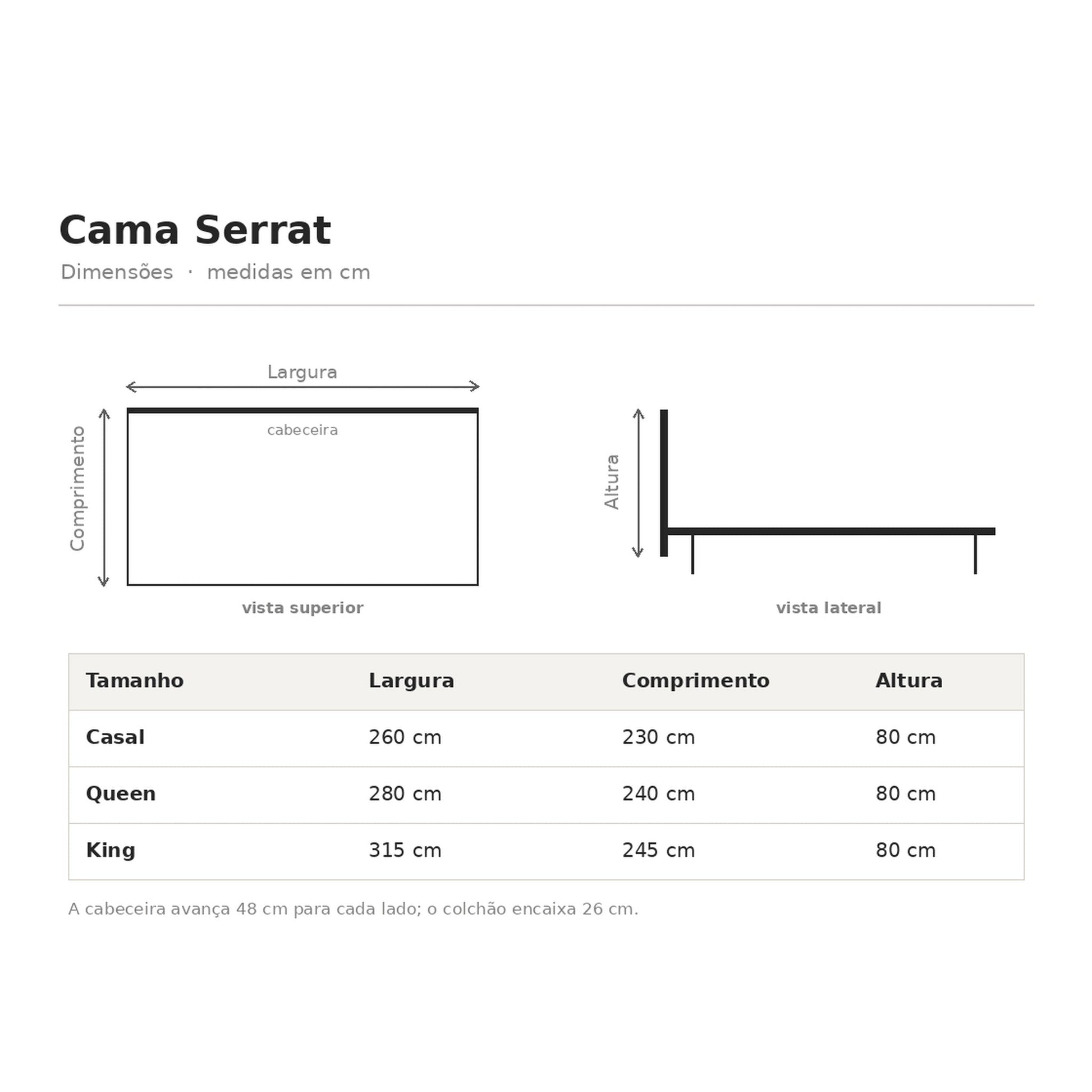 Diagrama de dimensões da cama com largura, comprimento e altura por tamanho.