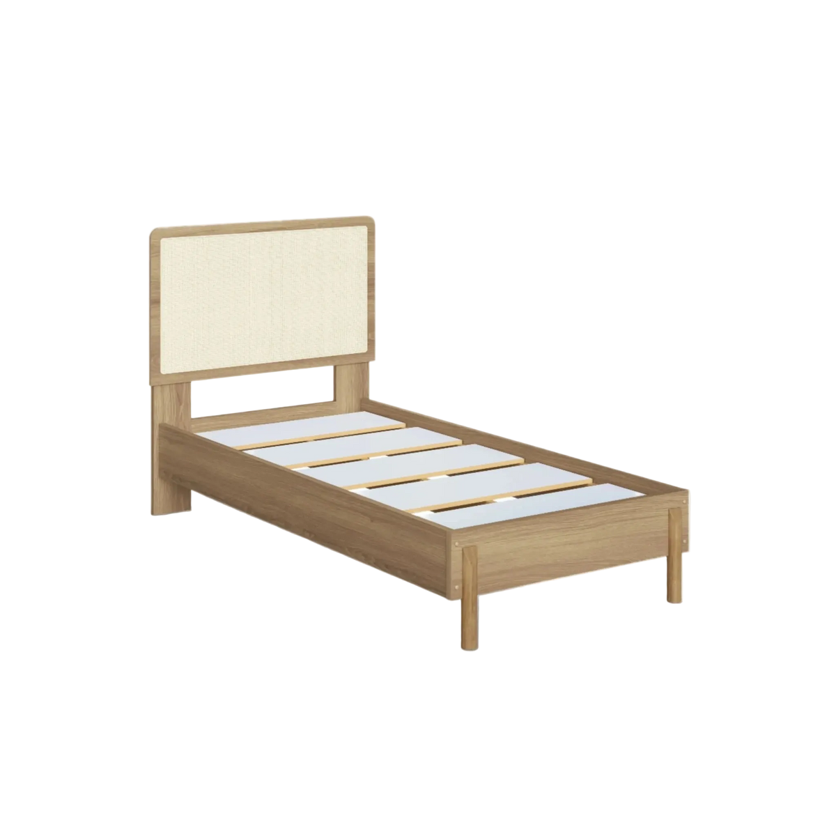 Cama de solteiro sem colchão com estrado de ripas e cabeceira de palhinha, vista de três quartos