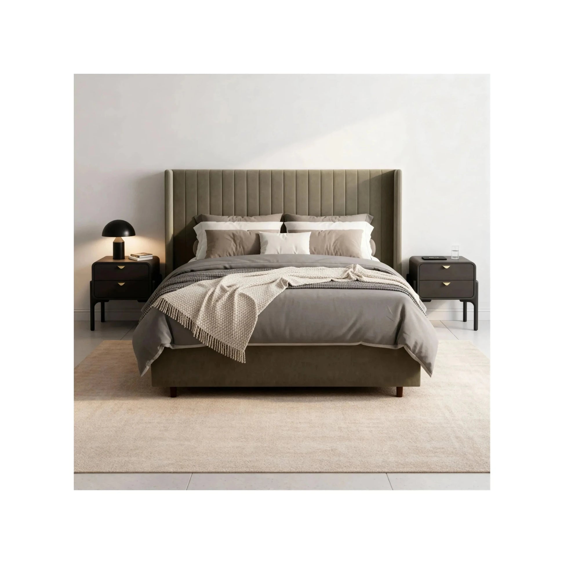 Cama estofada cinza com cabeceira capitonê, roupa de cama e travesseiros