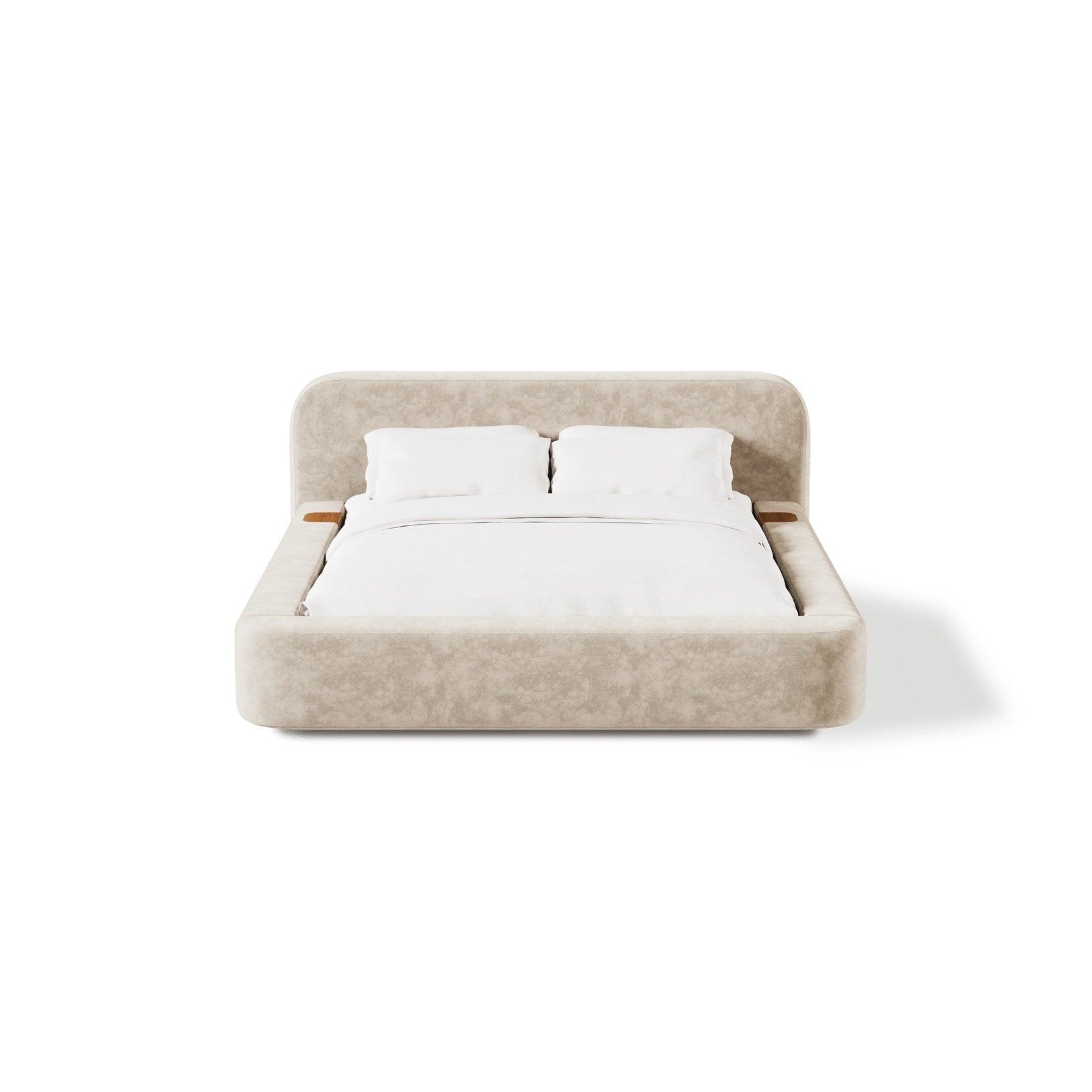 Cama estofada cinza claro com cabeceira arredondada e travesseiros brancos