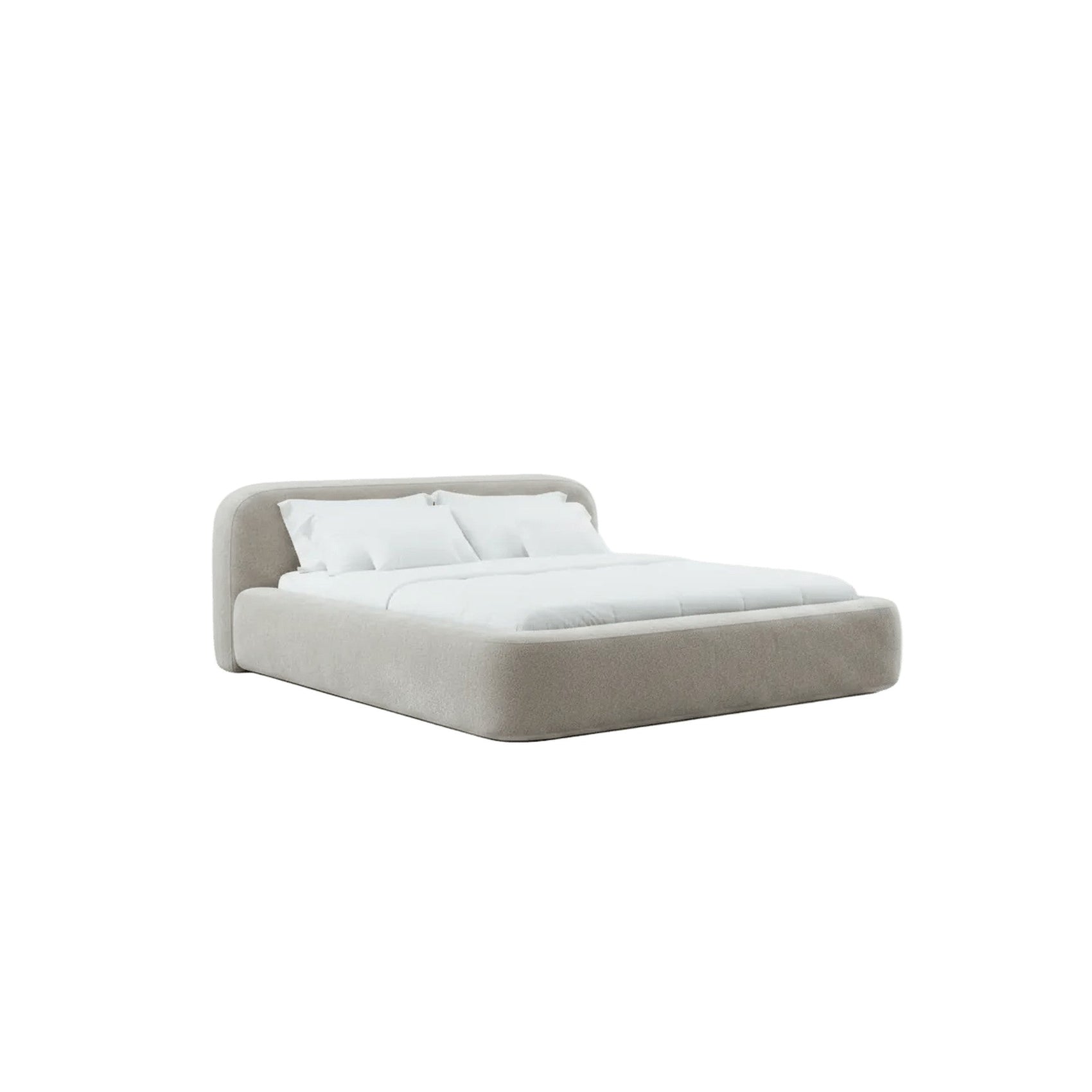 Cama estofada Cama Veras cinza claro com cabeceira arredondada e base baixa