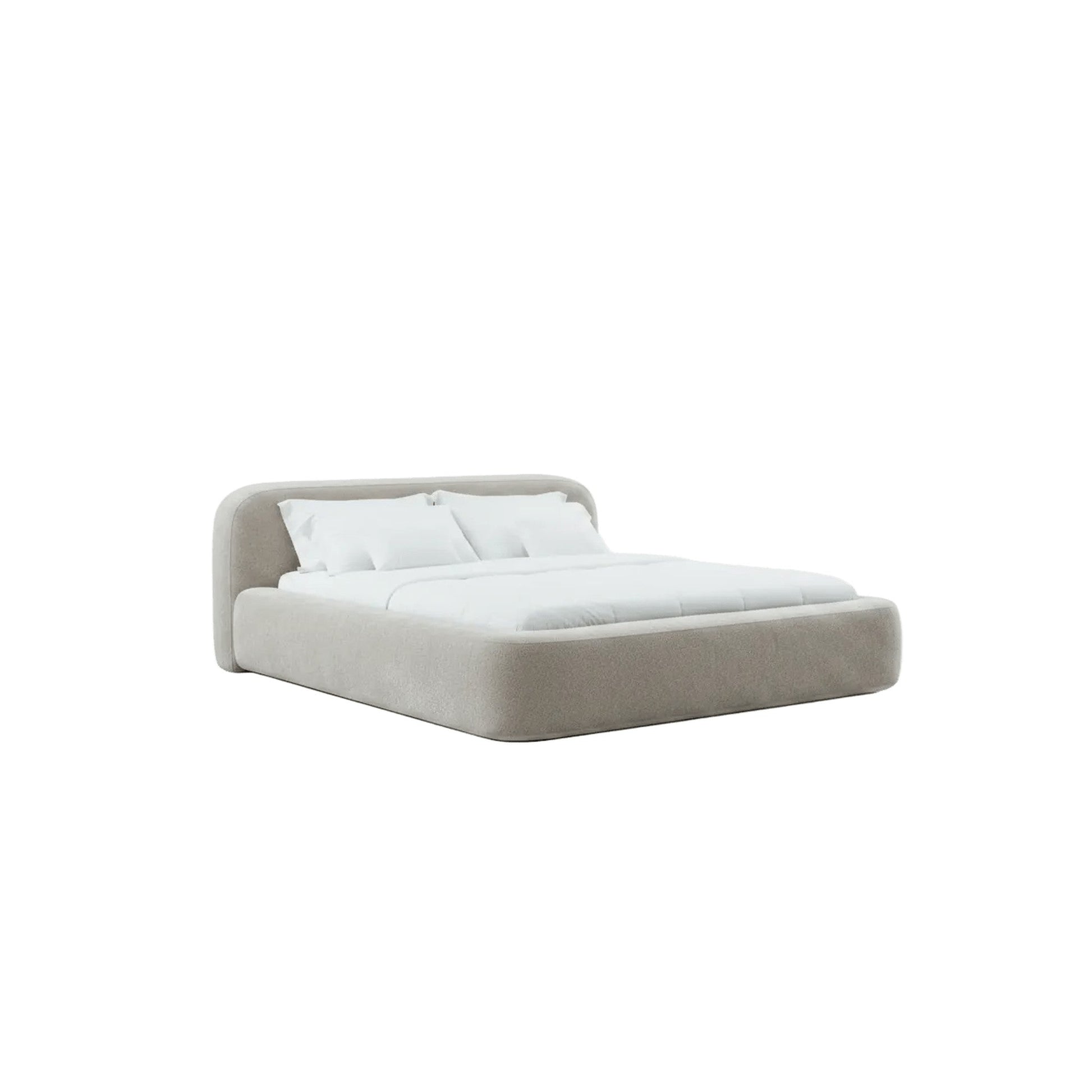 Cama estofada Cama Veras cinza claro com cabeceira arredondada e base baixa