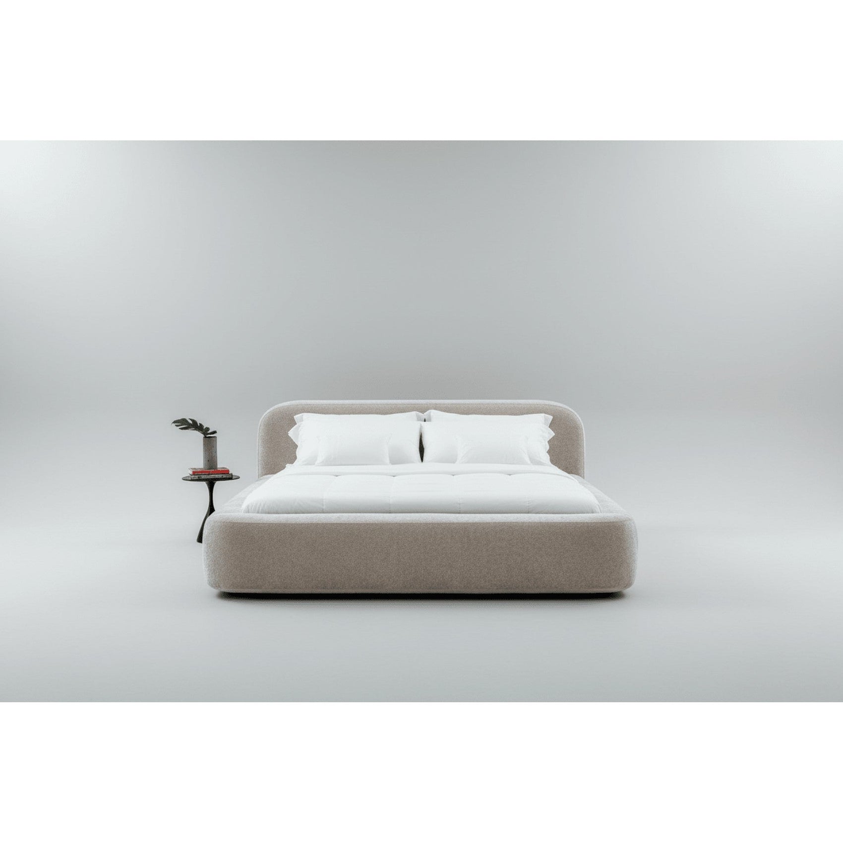 Cama estofada Cama Veras cinza claro com cabeceira baixa e roupa de cama branca
