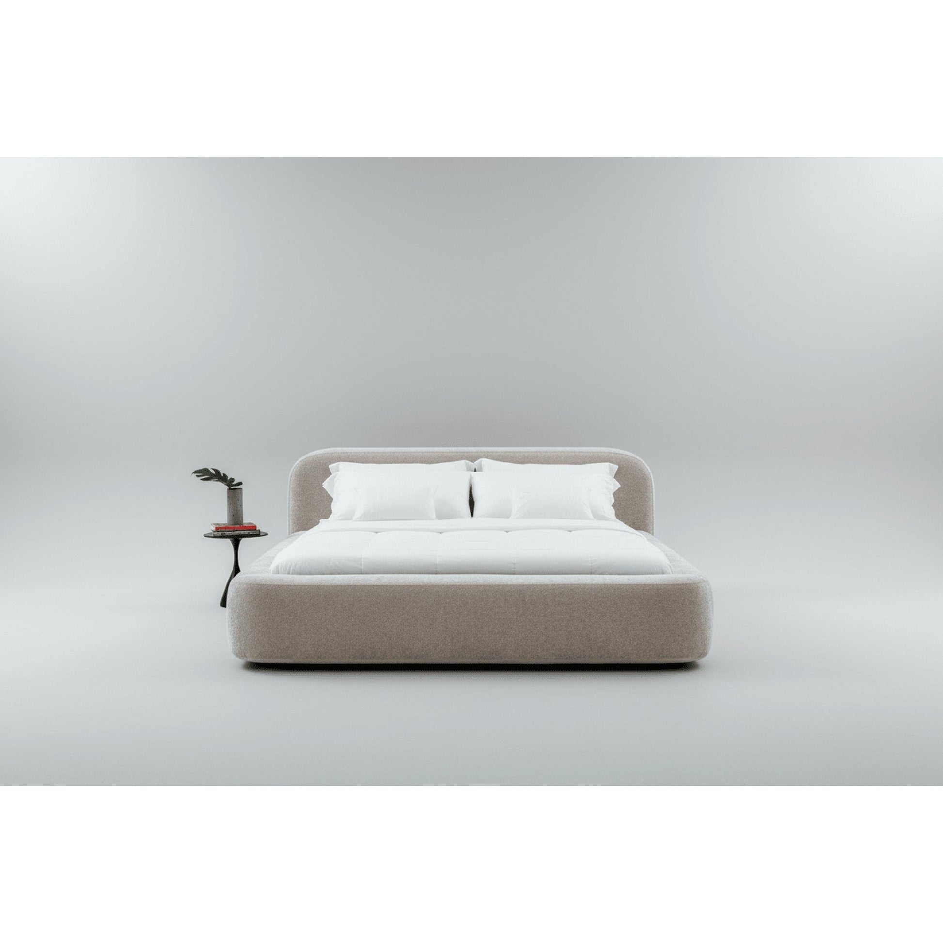 Cama estofada Cama Veras cinza claro com cabeceira baixa e roupa de cama branca