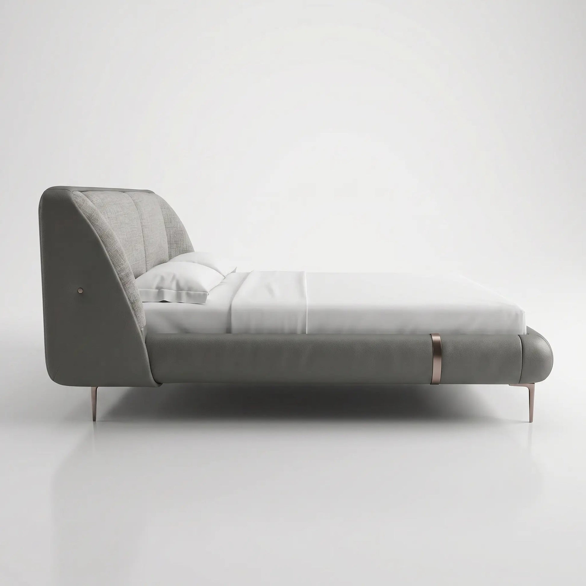 Cama estofada cinza-escura, vista lateral, cabeceira alta e pés metálicos finos