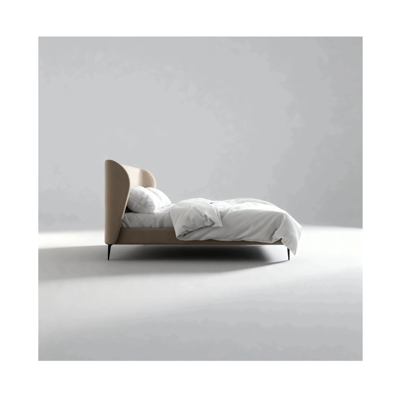 Cama Willow estofada bege, cabeceira alta e roupa de cama branca