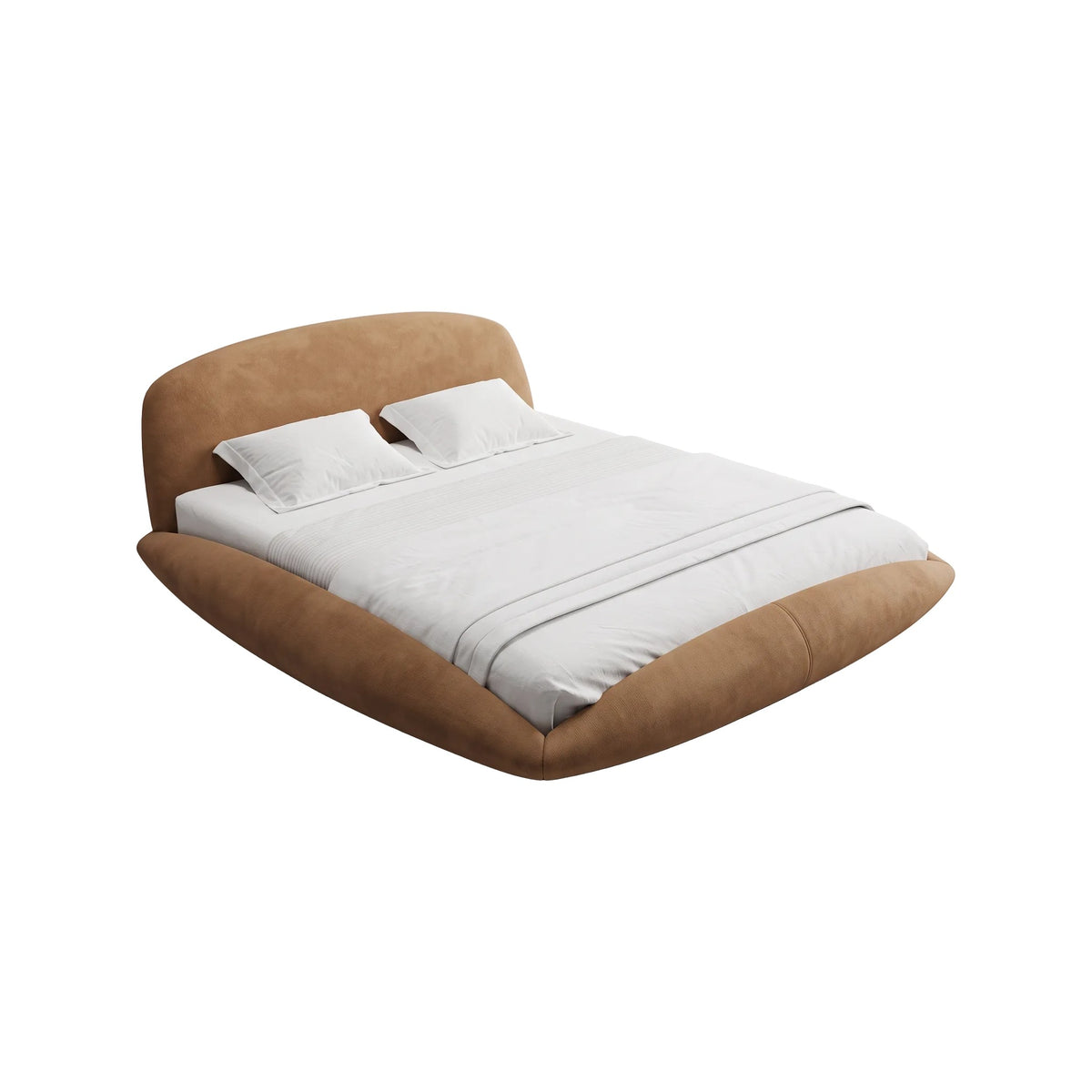 Cama de casal estofada com base curva que envolve o colchão e cabeceira oval, vista de três quartos