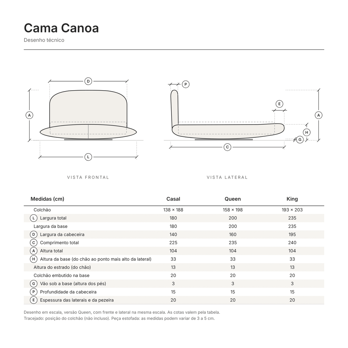 Desenho técnico da Cama Canoa em escala, com vistas frontal e lateral e tabela de medidas nos tamanhos Casal, Queen e King