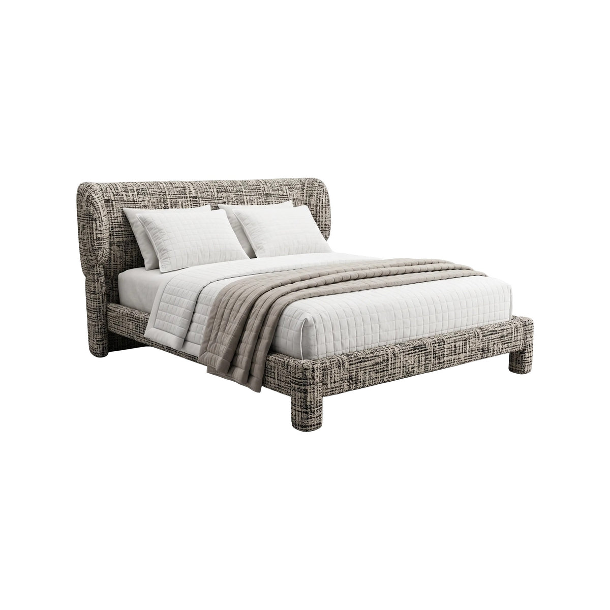 Cama de casal estofada em tecido mesclado de aspecto tweed, com cabeceira envolvente e pés estofados, vista de três quartos