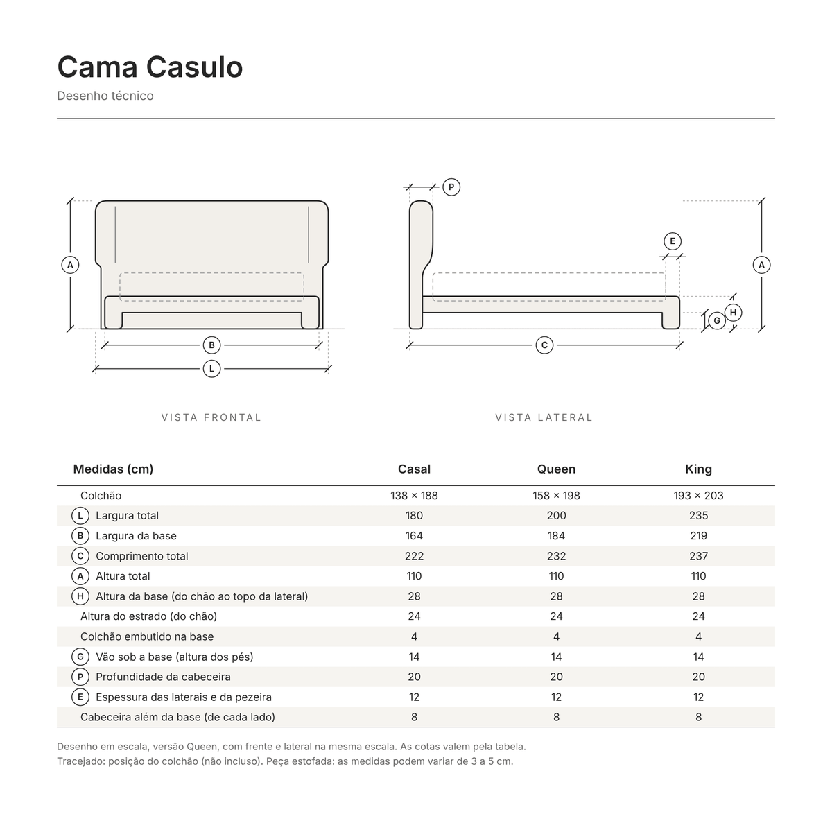 Desenho técnico da Cama Casulo em escala, com vistas frontal e lateral e tabela de medidas nos tamanhos Casal, Queen e King