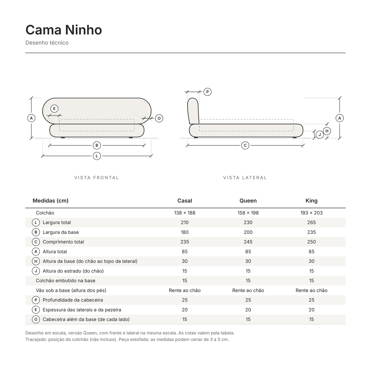 Desenho técnico da Cama Ninho em escala, com vistas frontal e lateral e tabela de medidas nos tamanhos Casal, Queen e King
