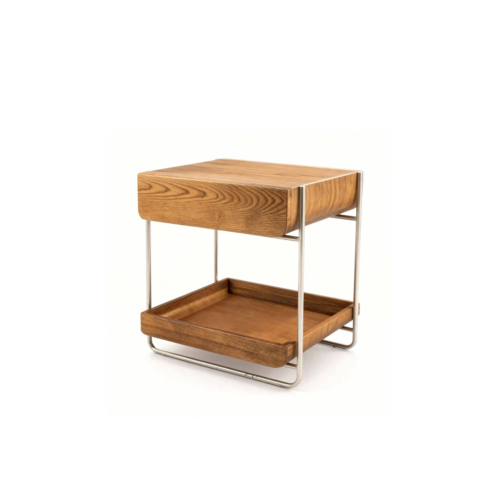 Mesa de Cabeceira Canoa – mesa em Madeira Damasco e Metal Off-White com bandeja integrada