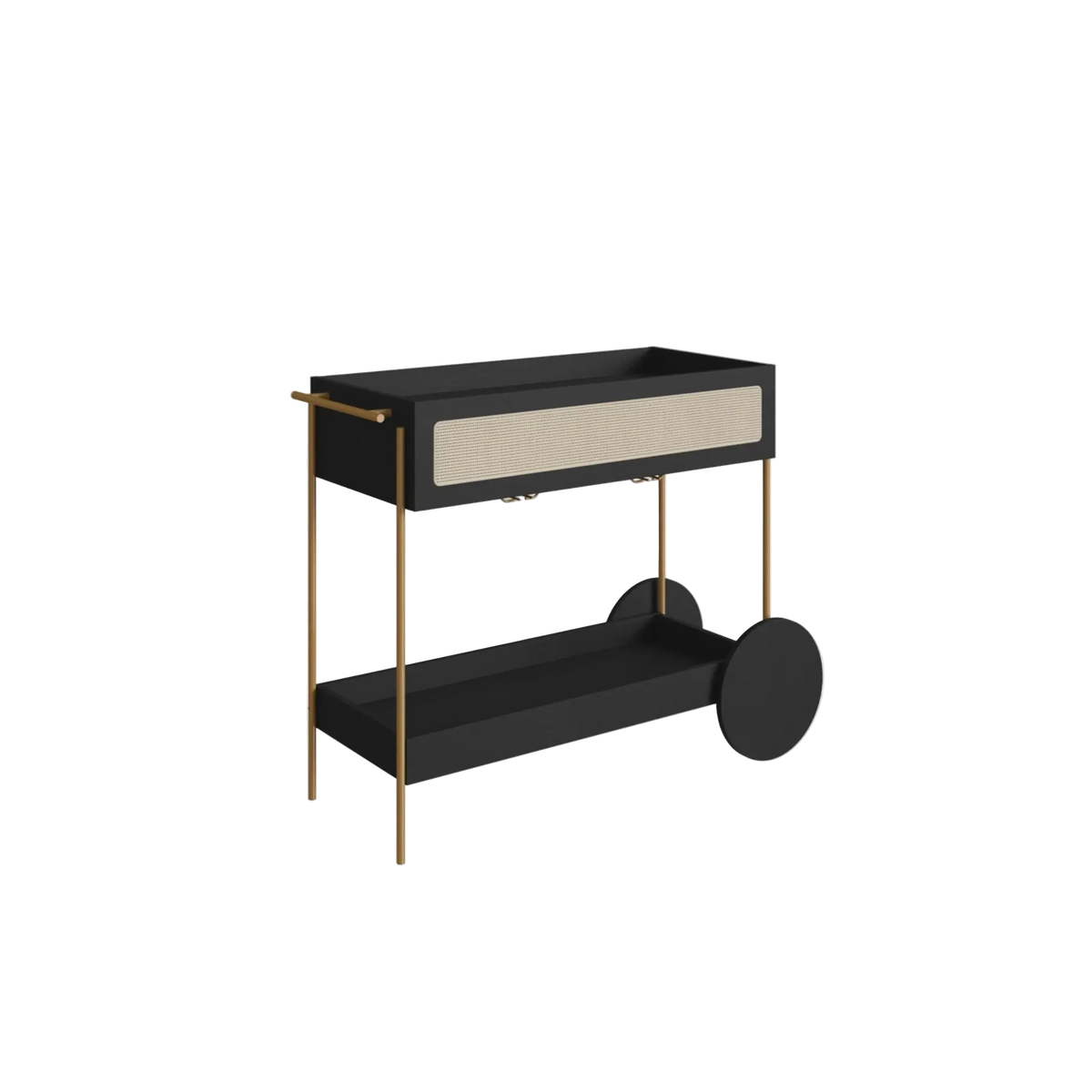 Carrinho bar com gaveta de palhinha, suporte para taças e puxador lateral dourado, vista de três quartos