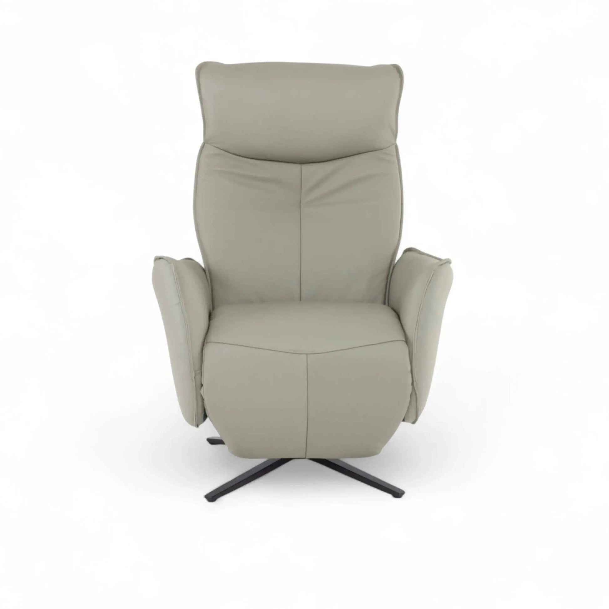 Poltrona Reclinável Celeste em couro cinza com chaise extensível e base metálica eletrostática