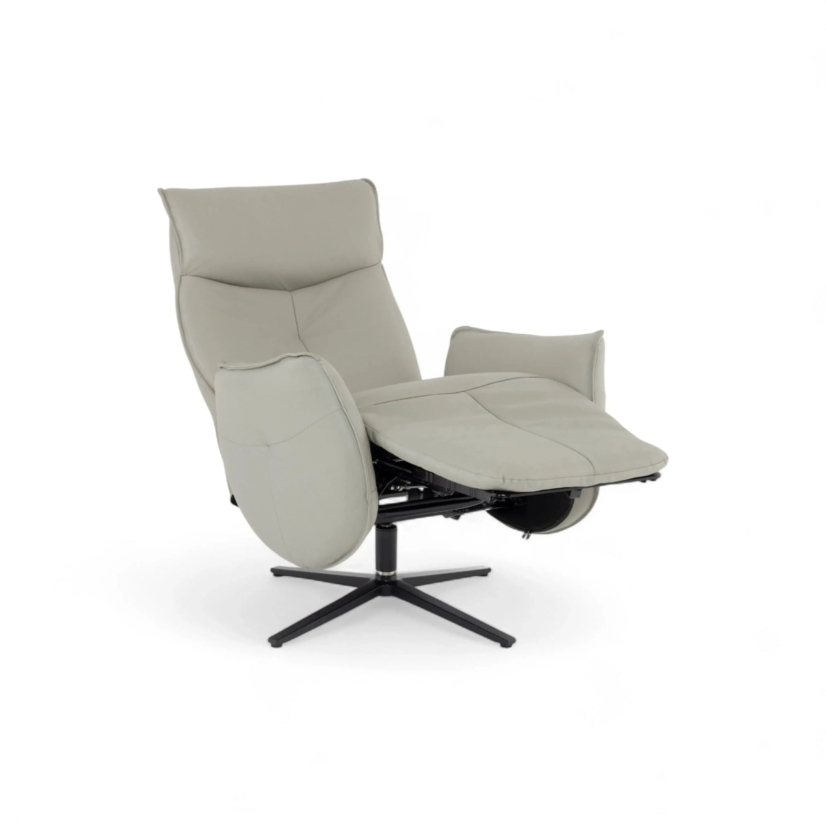 Poltrona Reclinável Celeste em couro cinza com chaise extensível e base metálica eletrostática