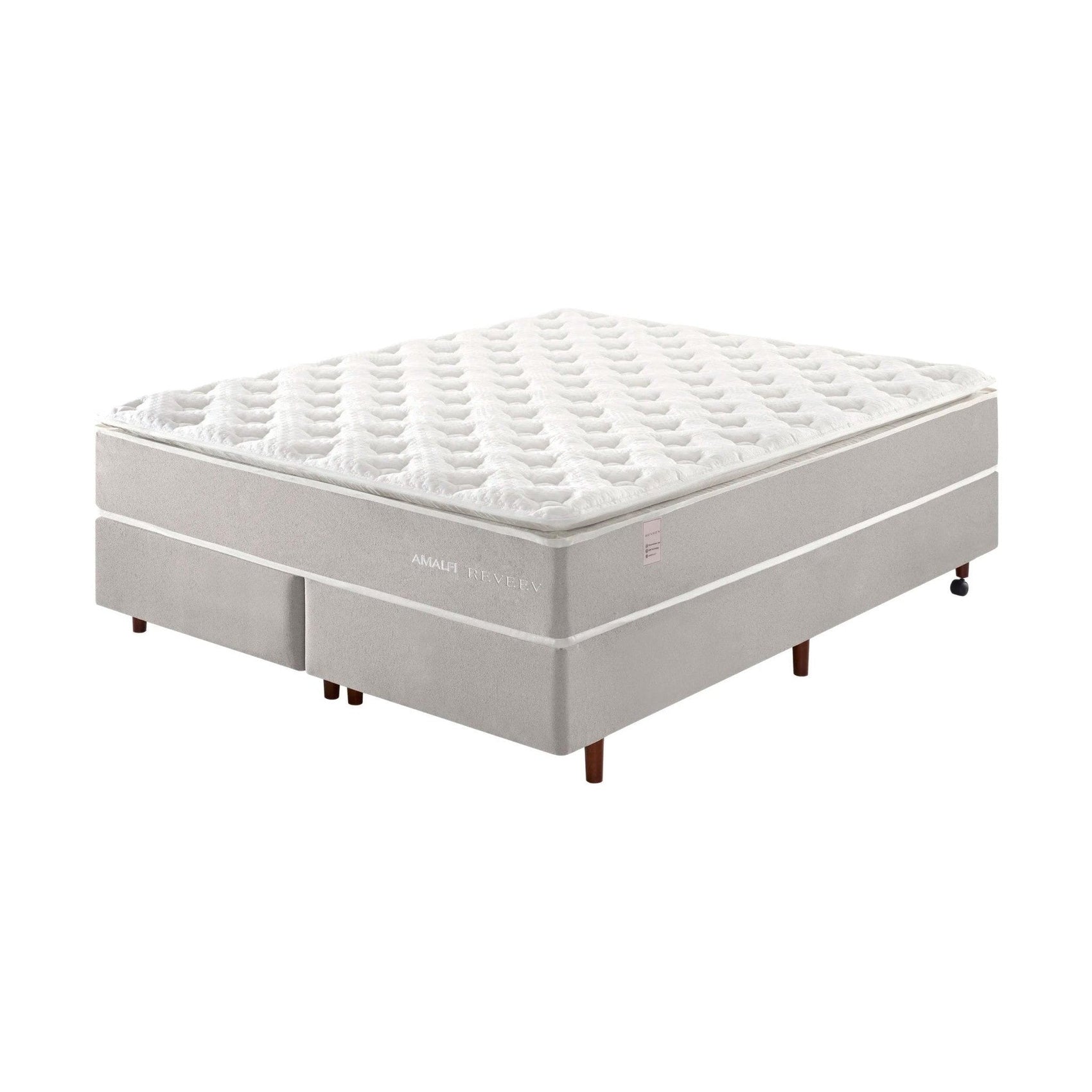 Colchão Amalfi com base cinza e topo acolchoado branco, com pés.