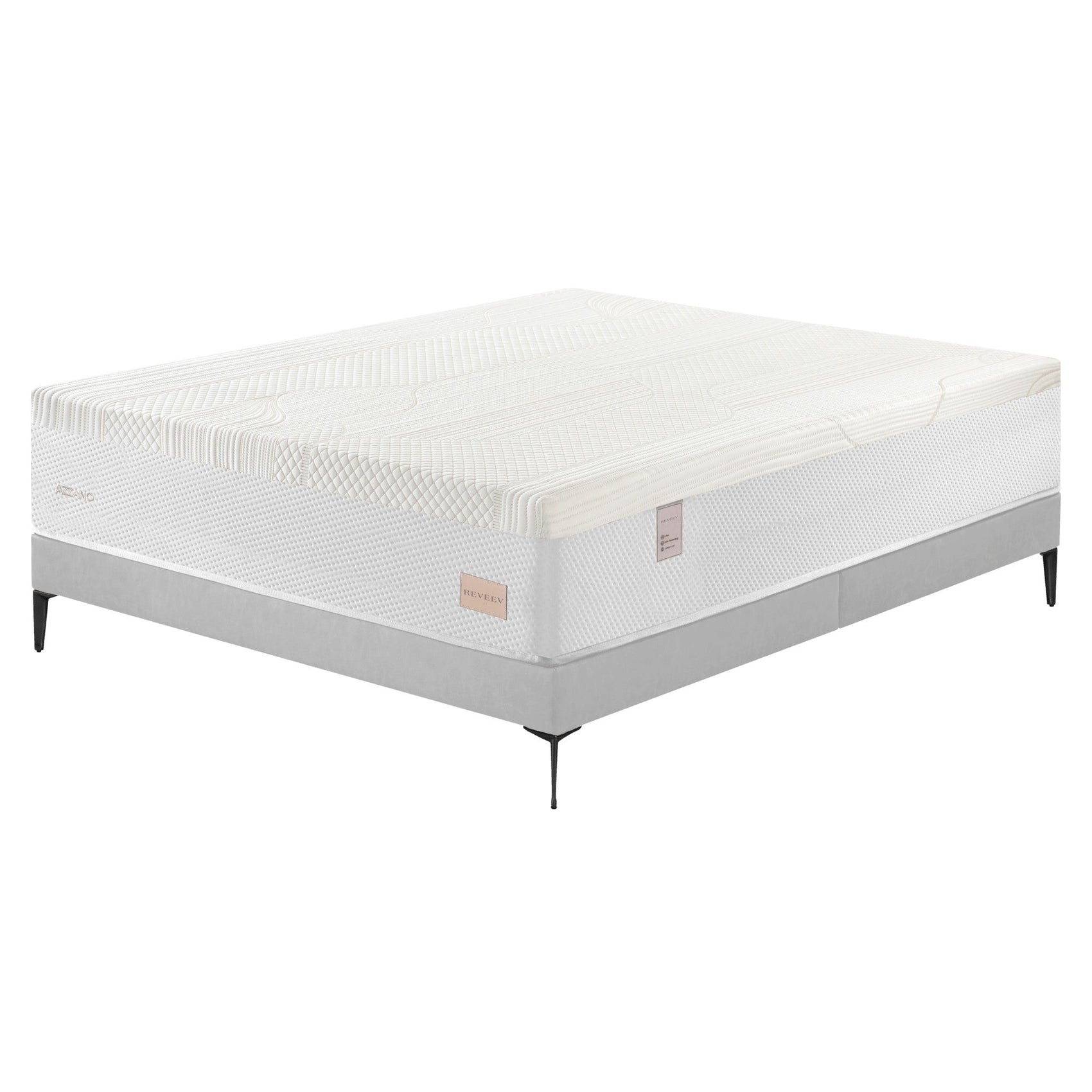Colchão branco com capa matelassada e pés na base