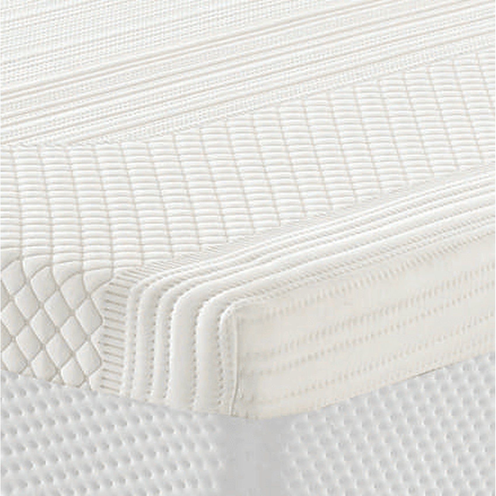 Detalhe do colchão branco com superfície matelassada e relevo