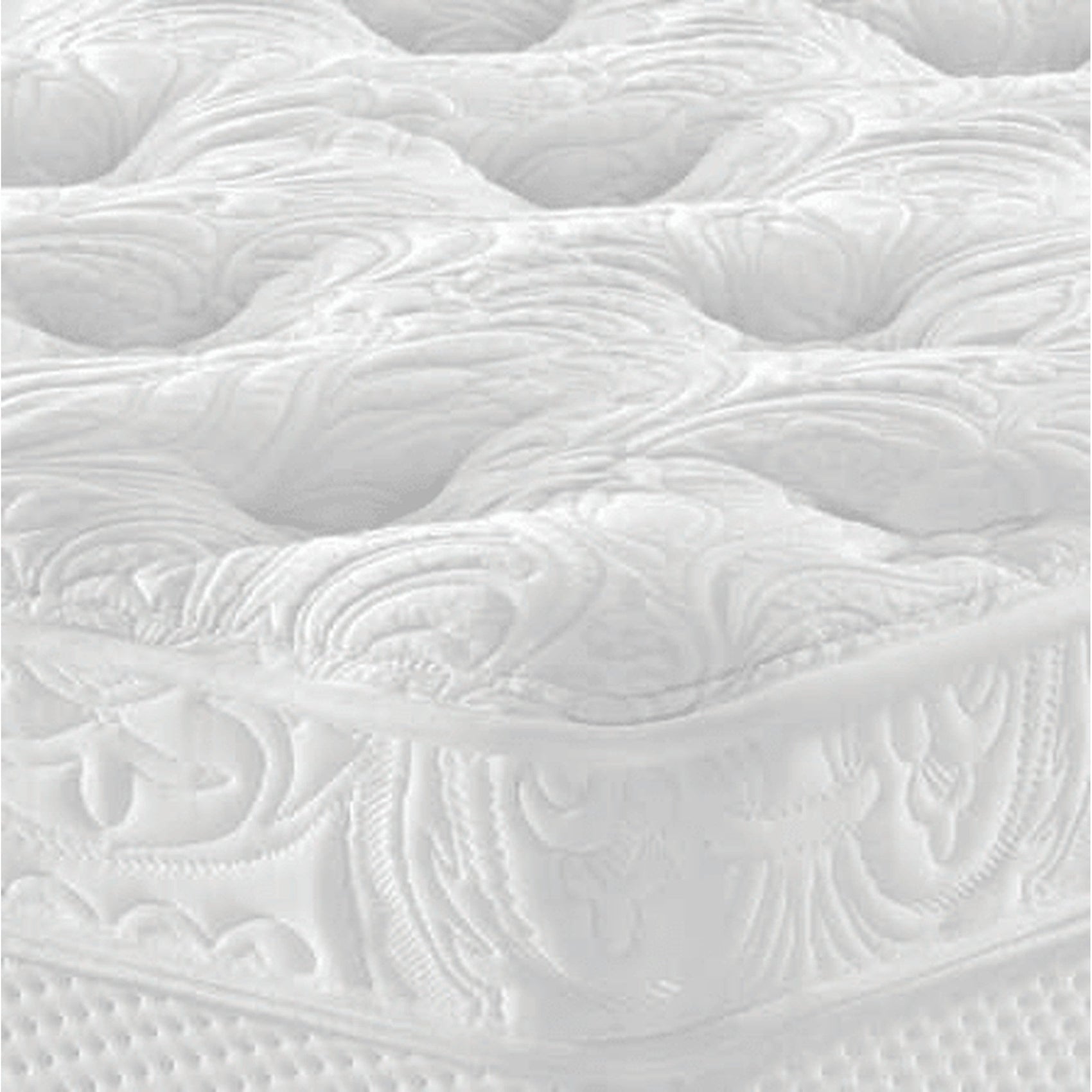 Colchão branco com relevo de matelassê na superfície e ondas embossadas