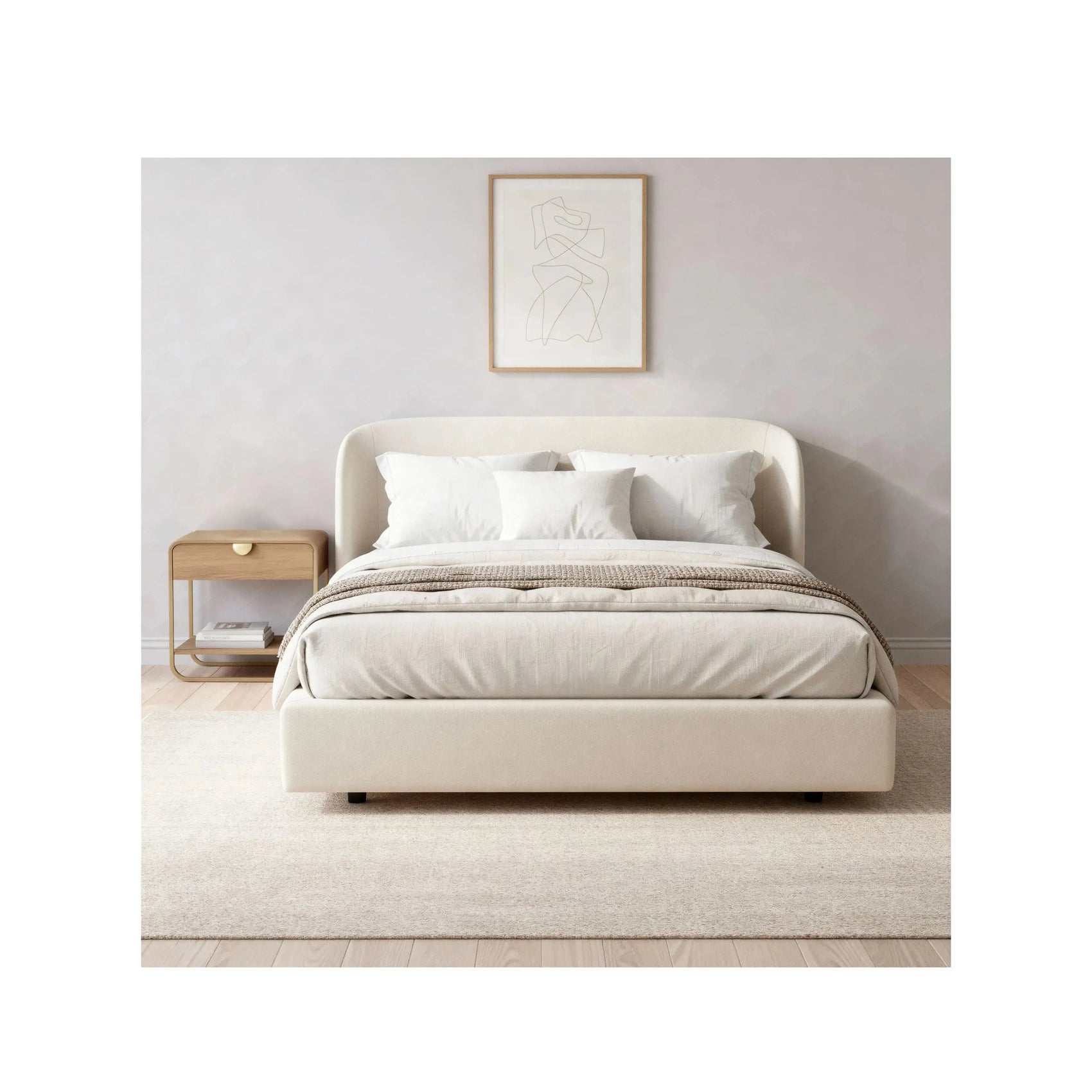 Cama Concha com cabeceira orgânica estofada em curva suave – disponível em Casal, Queen e King