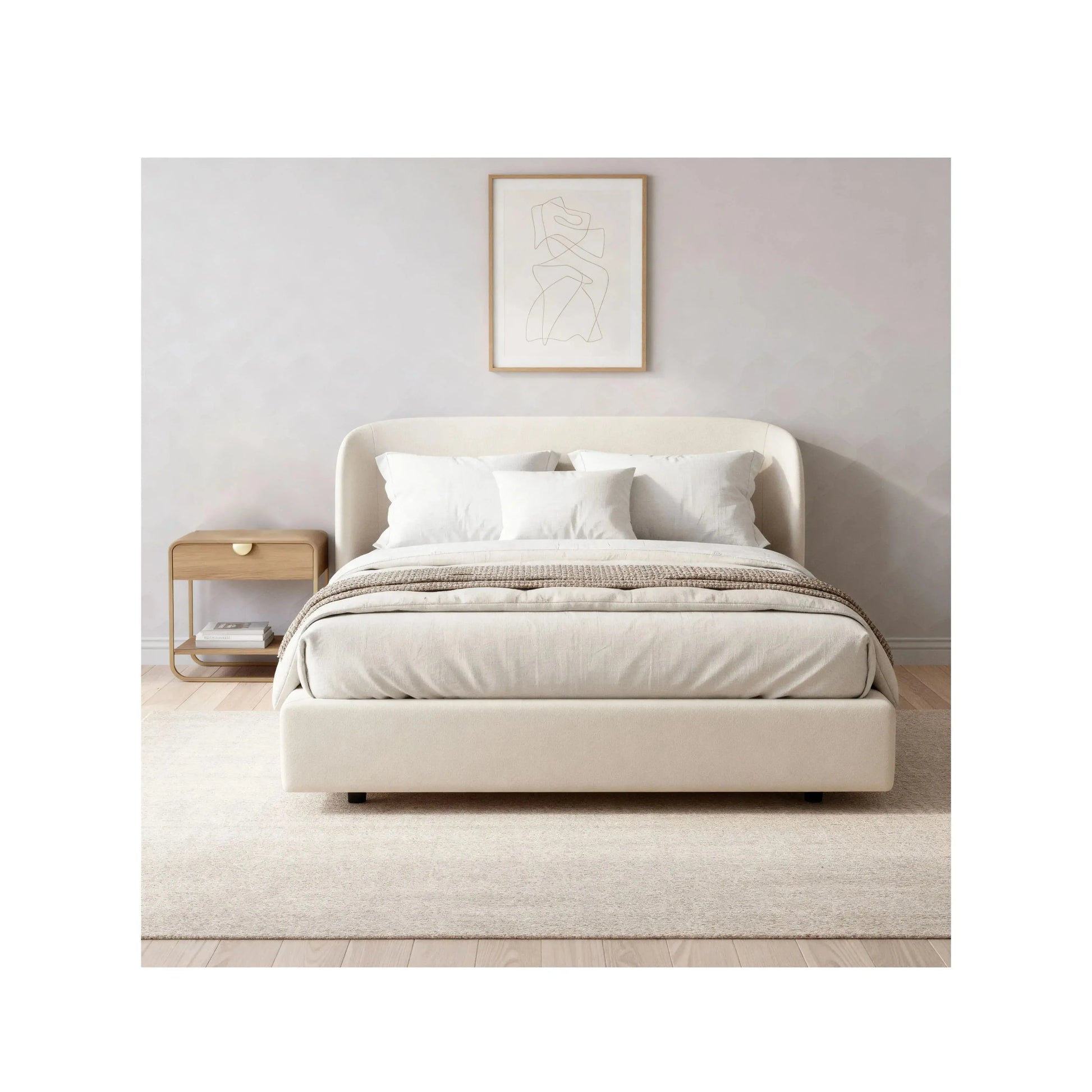 Cama Concha com cabeceira orgânica estofada em curva suave – disponível em Casal, Queen e King