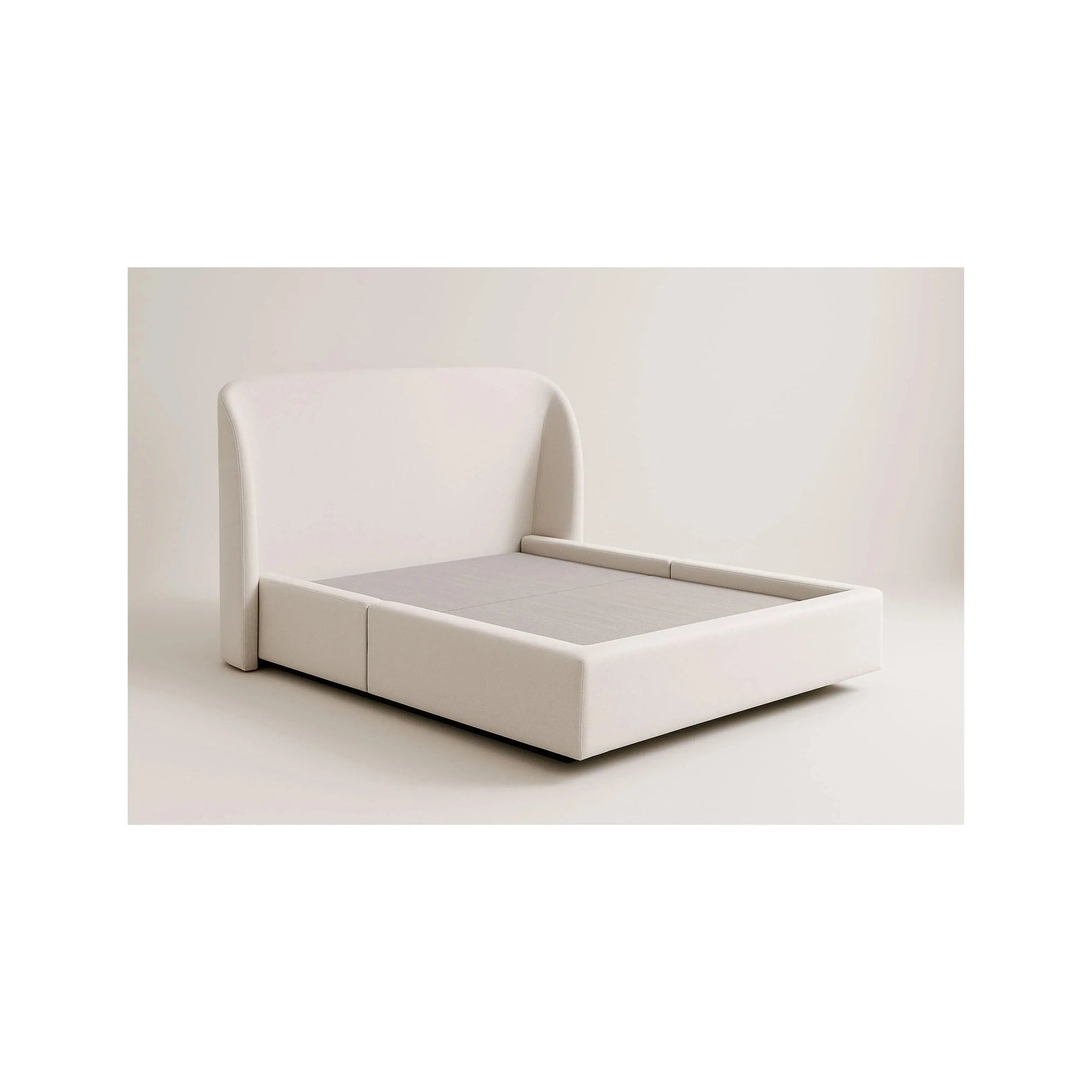 Cama Concha com cabeceira orgânica estofada em curva suave – disponível em Casal, Queen e King