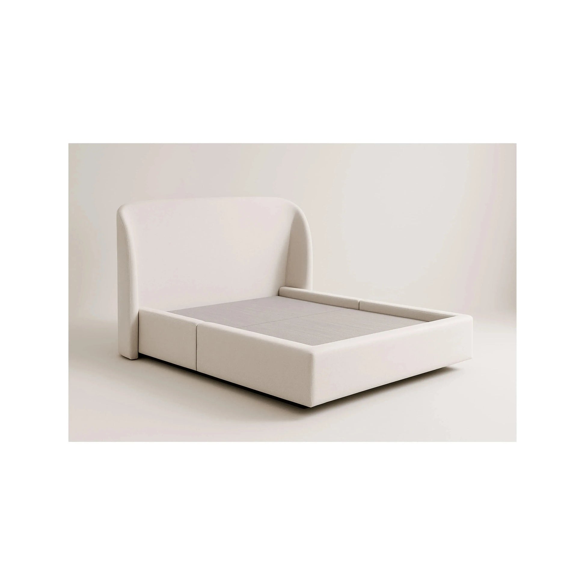 Cama Concha com cabeceira orgânica estofada em curva suave – disponível em Casal, Queen e King