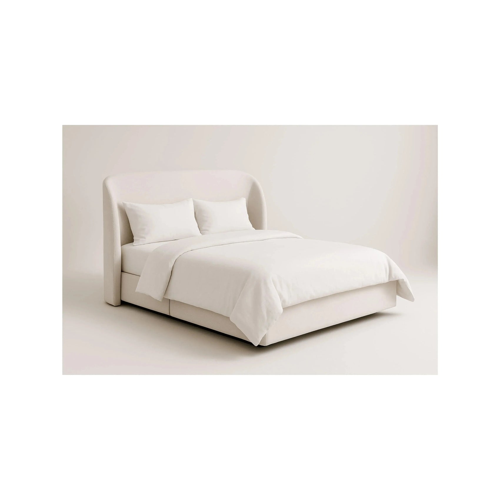 Cama Concha com cabeceira orgânica estofada em curva suave – disponível em Casal, Queen e King