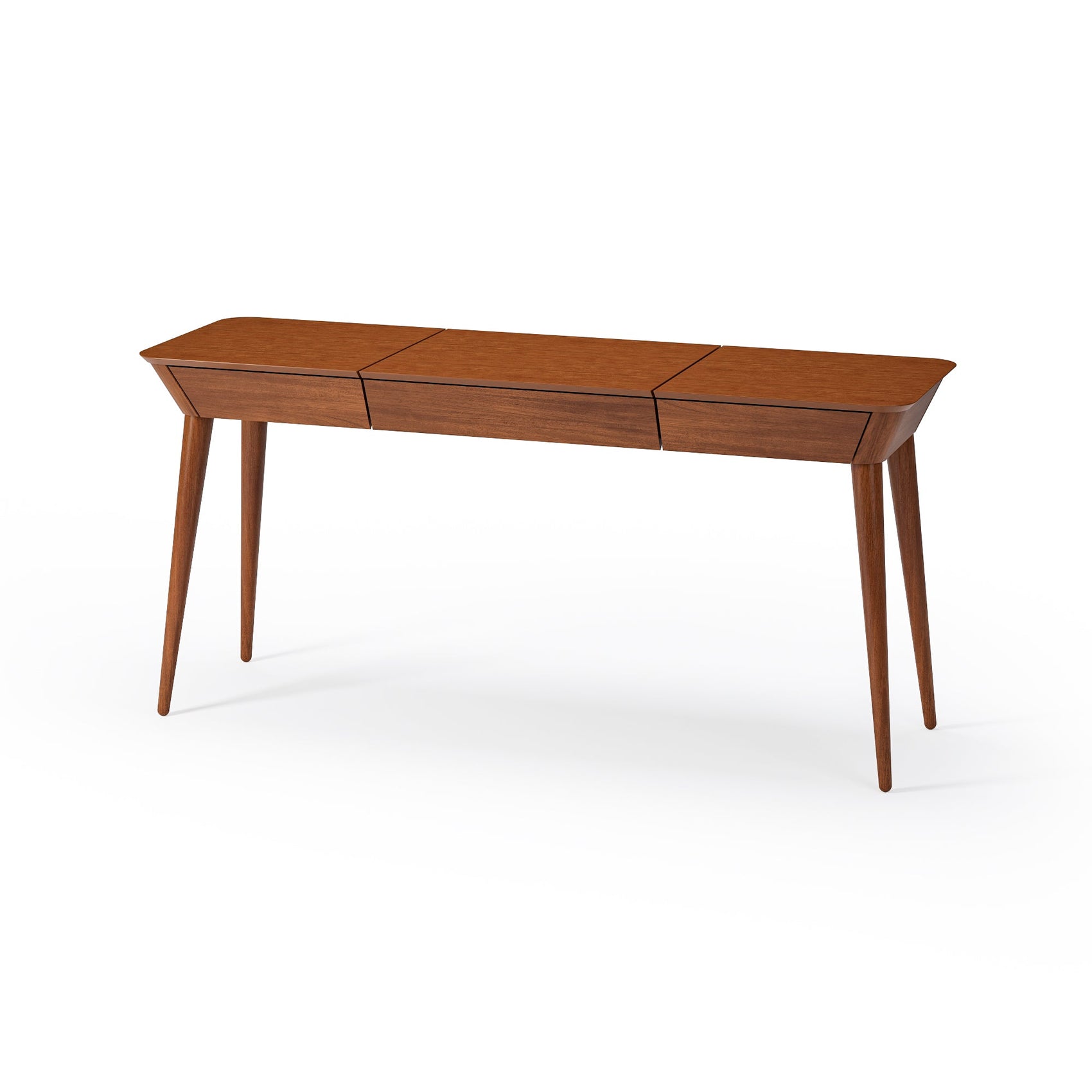 Mesa console de madeira com tampo retangular e três gavetas