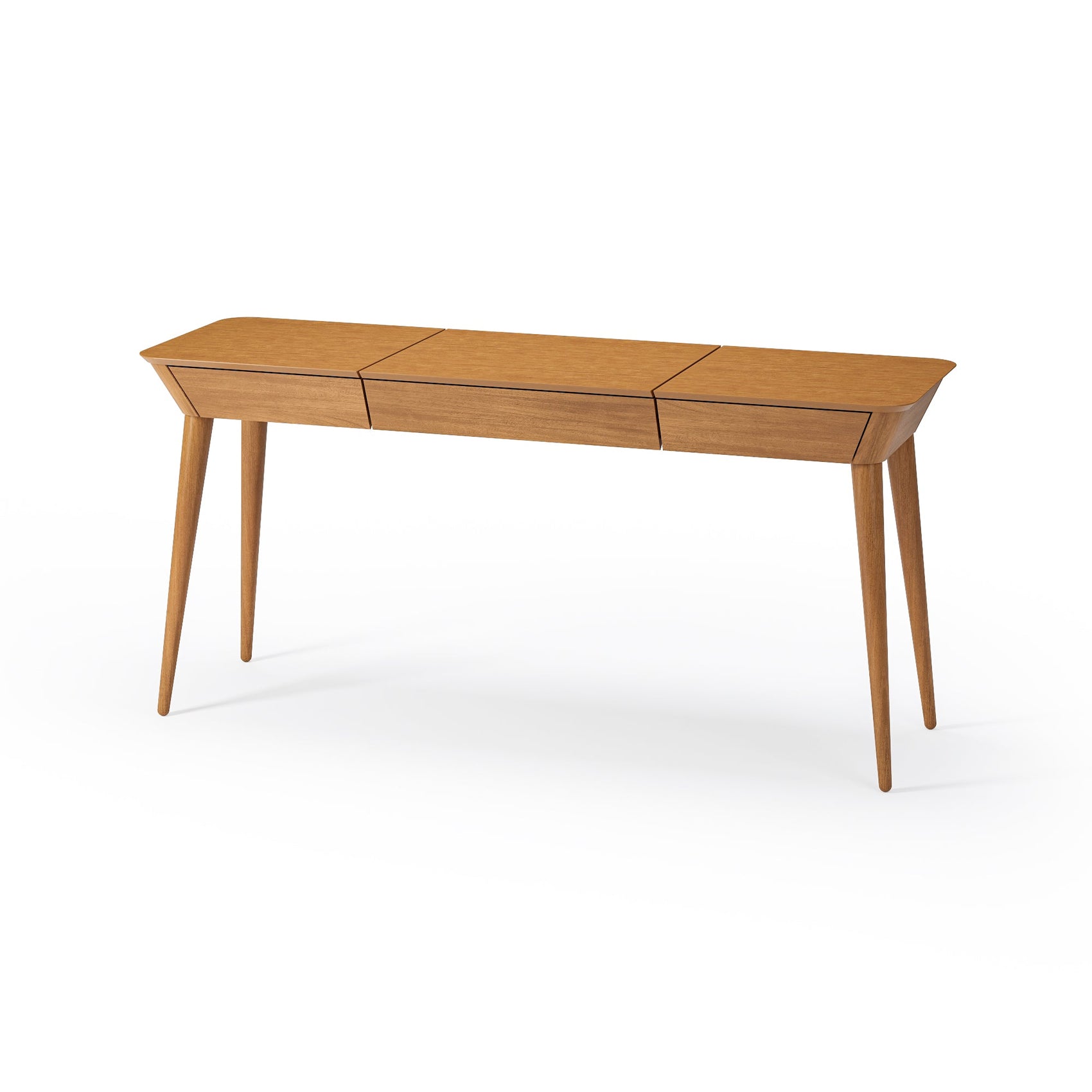 Mesa console de madeira com tampo dividido e três gavetas frontais