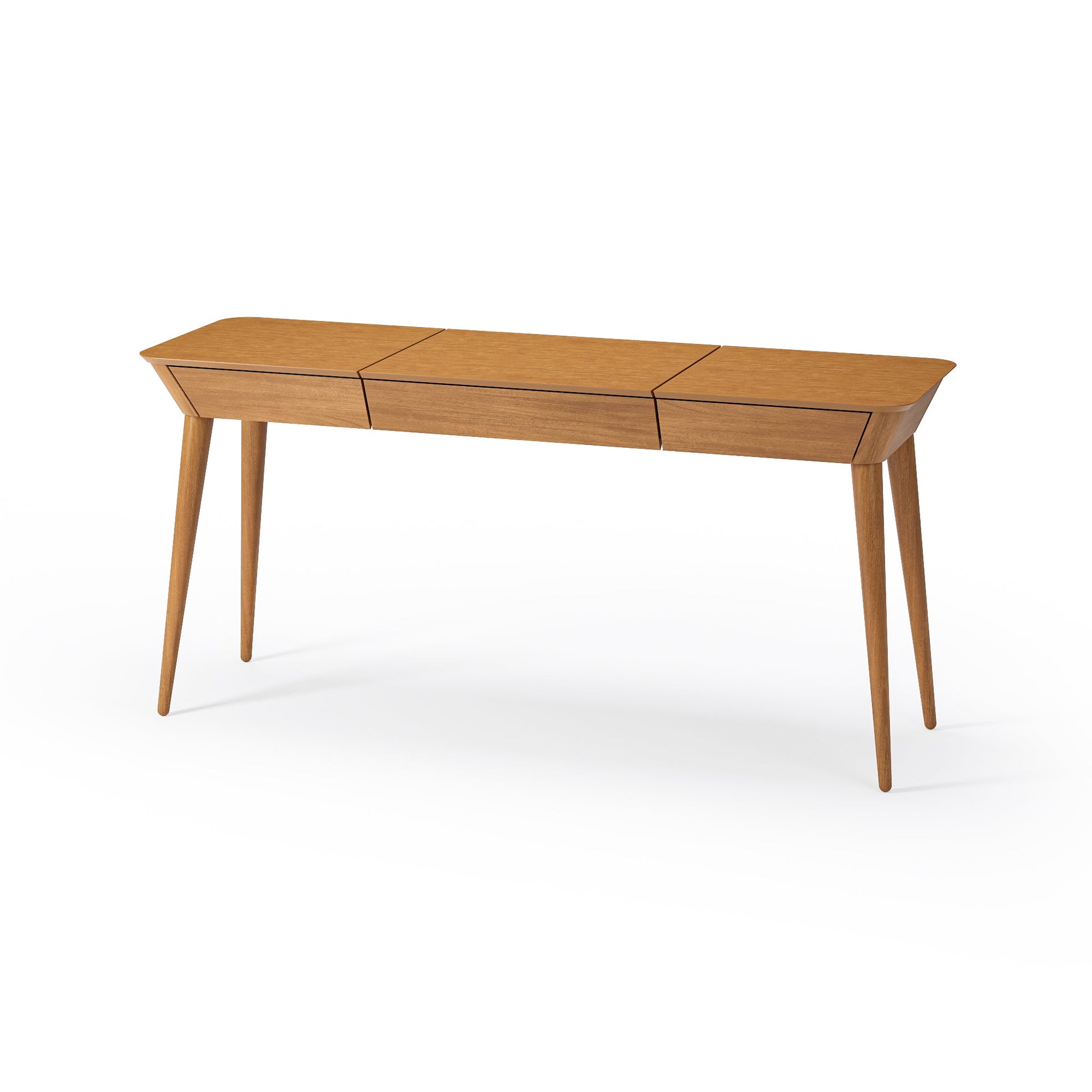 Mesa console de madeira com tampo dividido e três gavetas frontais