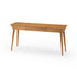 Mesa console de madeira com tampo dividido e três gavetas frontais
