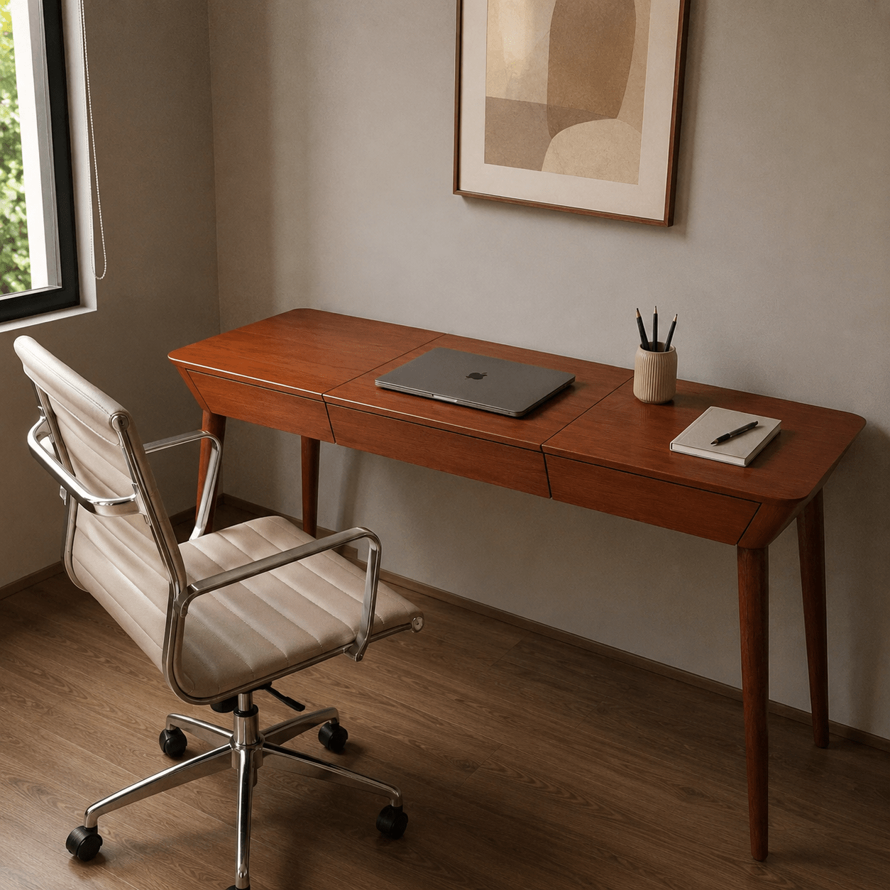 Escrivaninha Office de madeira marrom, tampo retangular e gaveta frontal