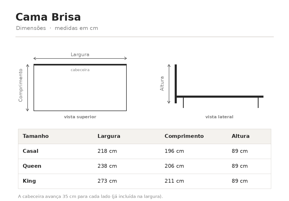 Desenho técnico — Cama Brisa (medidas em cm)