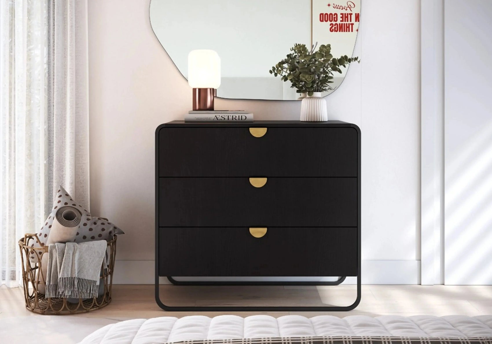 Cômoda Dalia 3 Gavetas 90cm acabamento Nero/Preto com pés metálicos e design orgânico