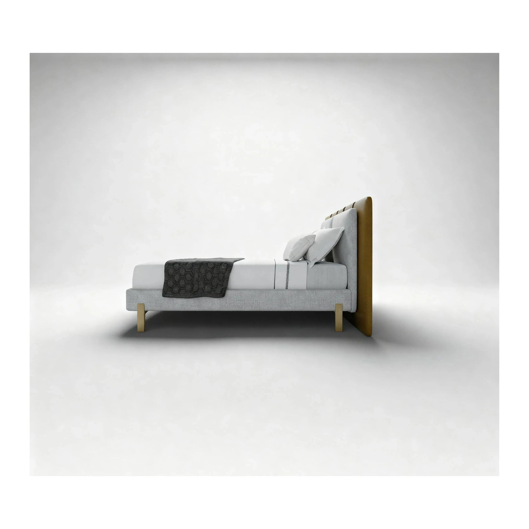 Cama Dina – cama estofada com cabeceira imponente e design curvilíneo