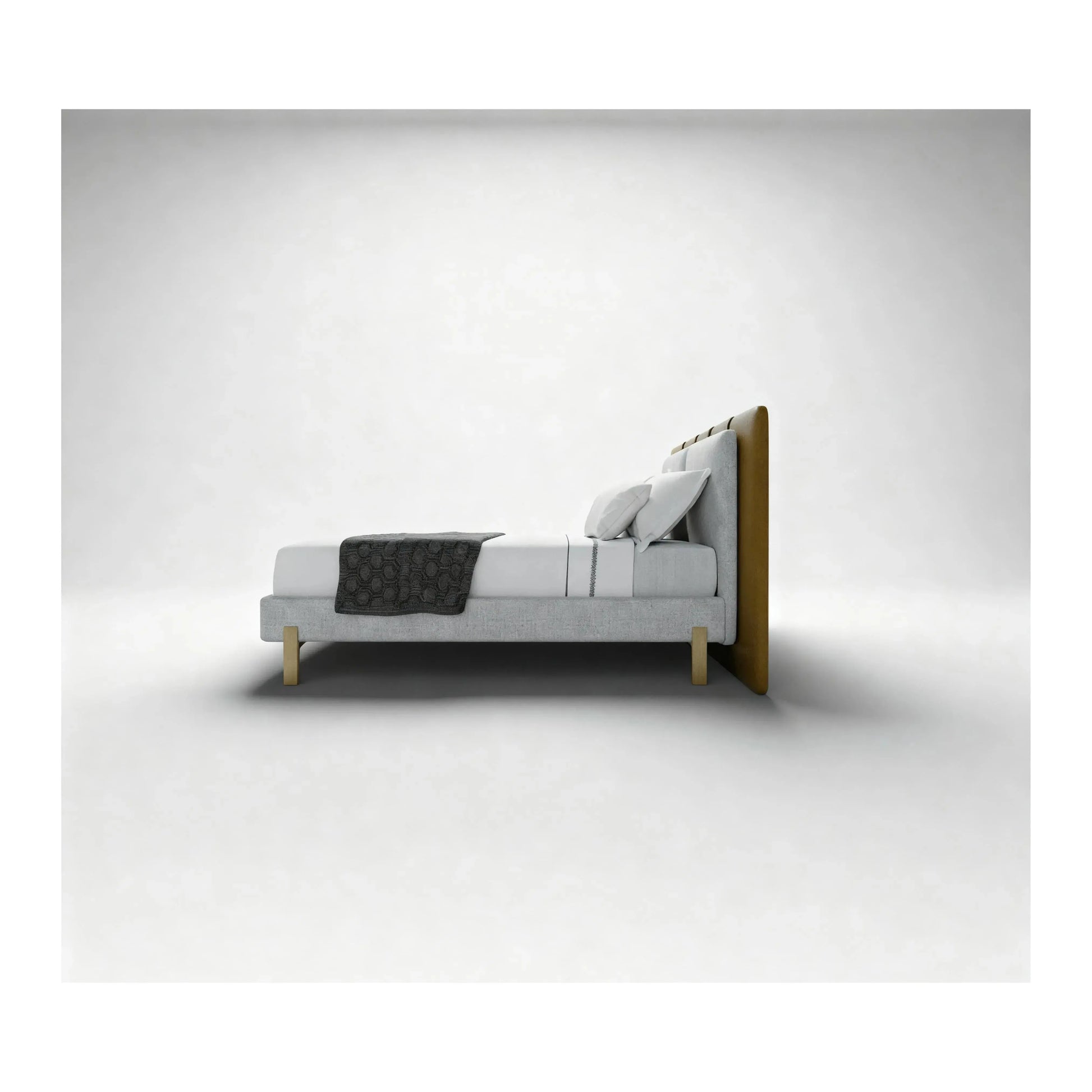 Cama Dina – cama estofada com cabeceira imponente e design curvilíneo