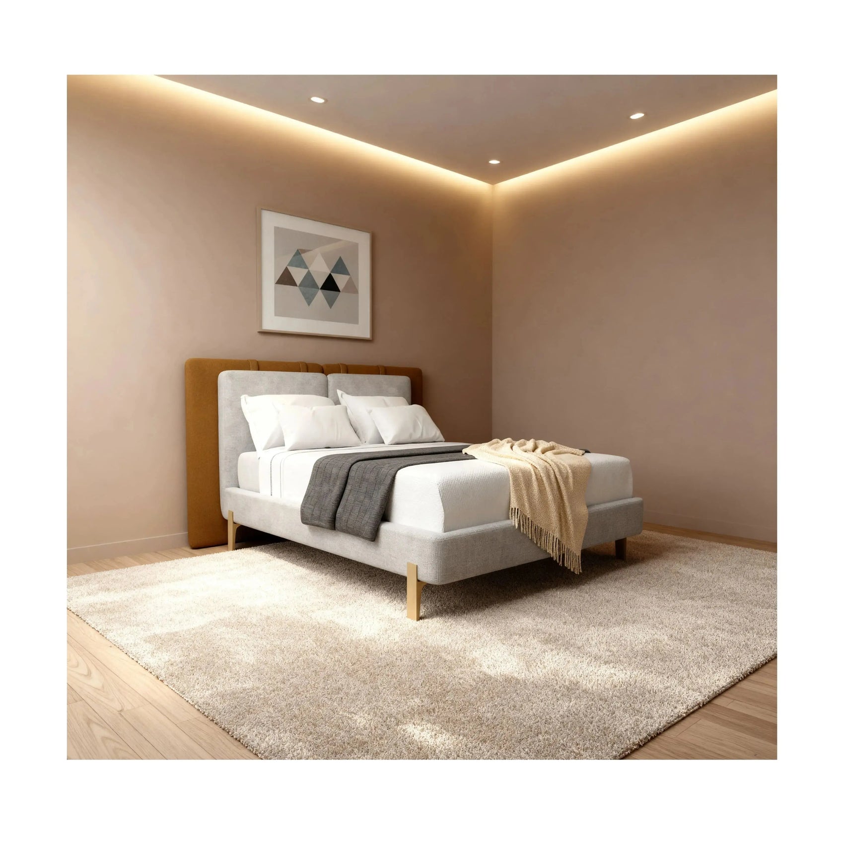 Cama Dina – cama estofada com cabeceira imponente e design curvilíneo