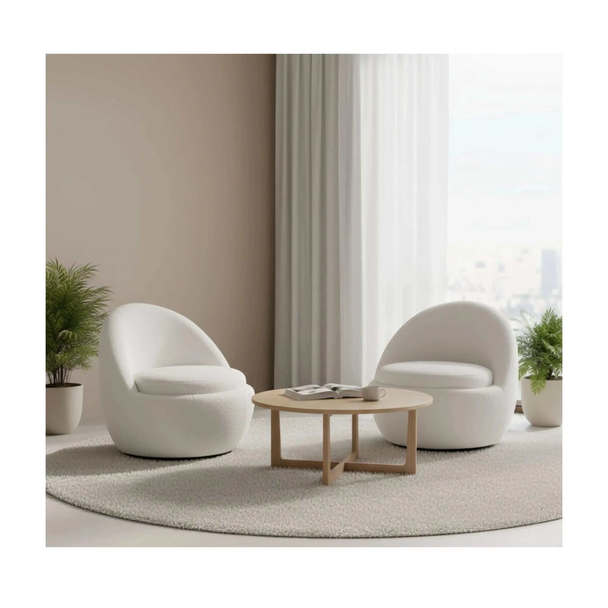 Poltrona Eco – forma esférica em bouclé branco com base giratória preta 360 graus