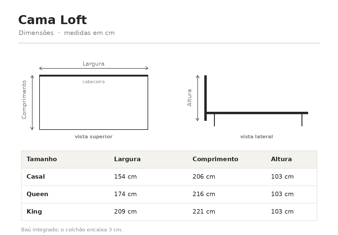 Desenho técnico — Cama Loft (medidas em cm)