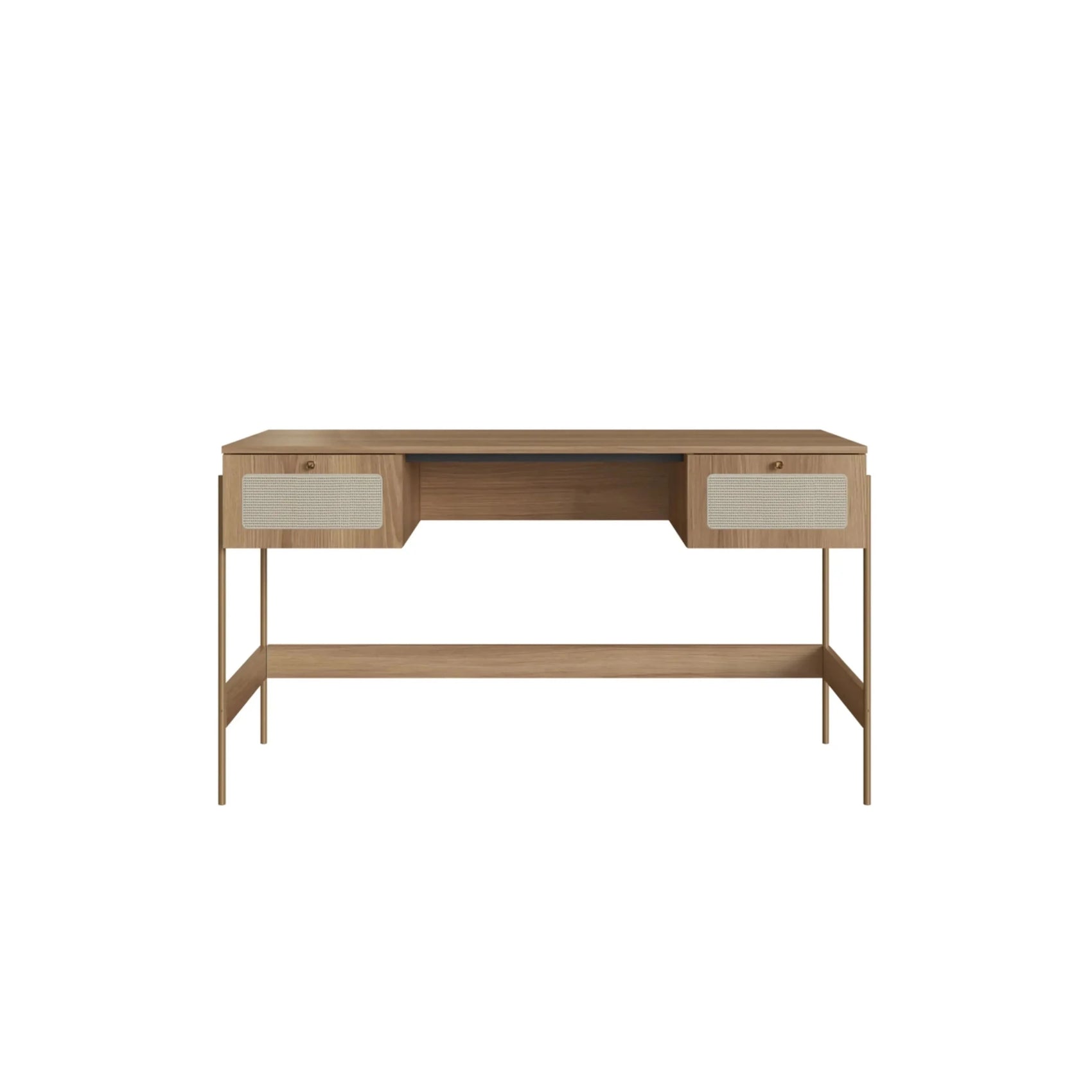 Mesa de escritório de madeira, com duas gavetas e pés metálicos dourados.
