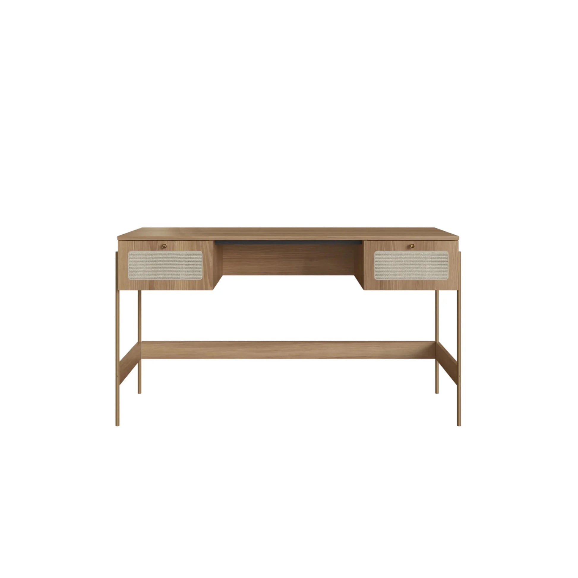 Mesa de escritório de madeira, com duas gavetas e pés metálicos dourados.