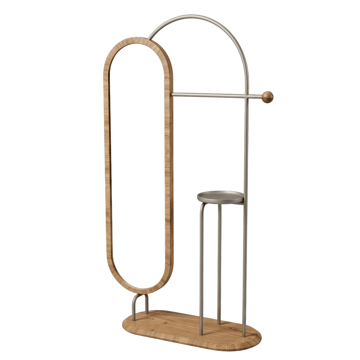Espelho de chão com moldura oval alongada, arco de aço com gancho e base de madeira