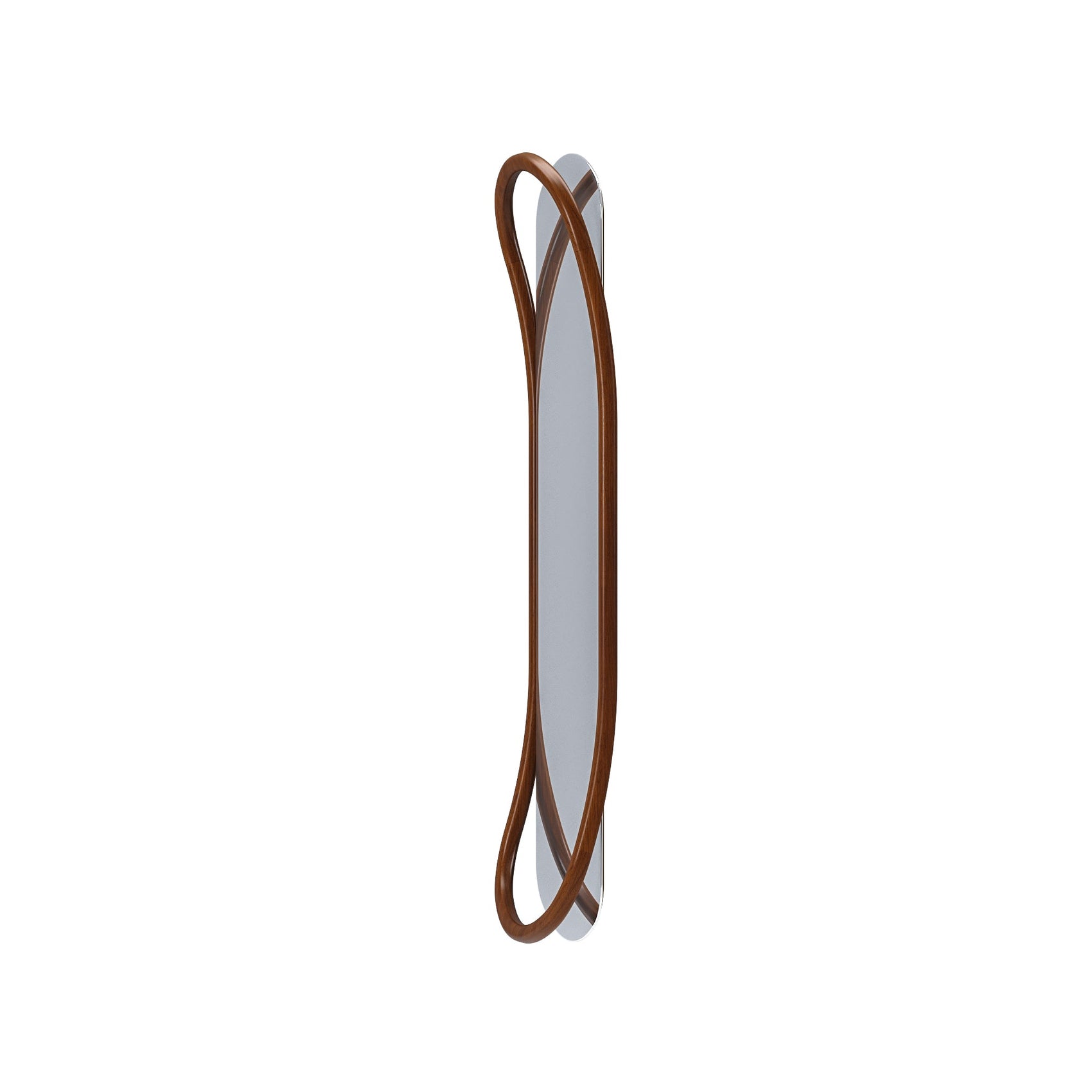 Moldura de espelho oval marrom vista lateral, com espessura fina
