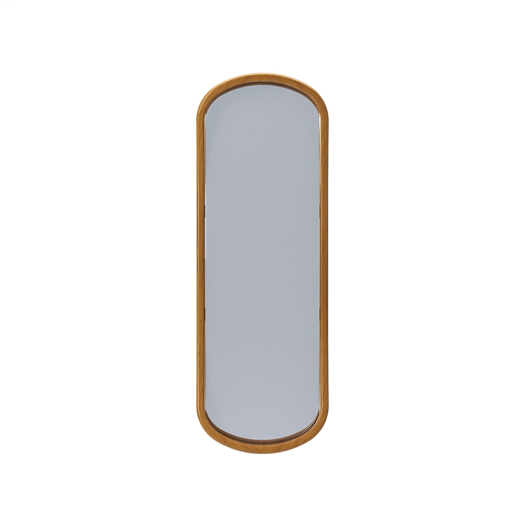 Moldura de espelho oval marrom com borda curva e vidro refletivo