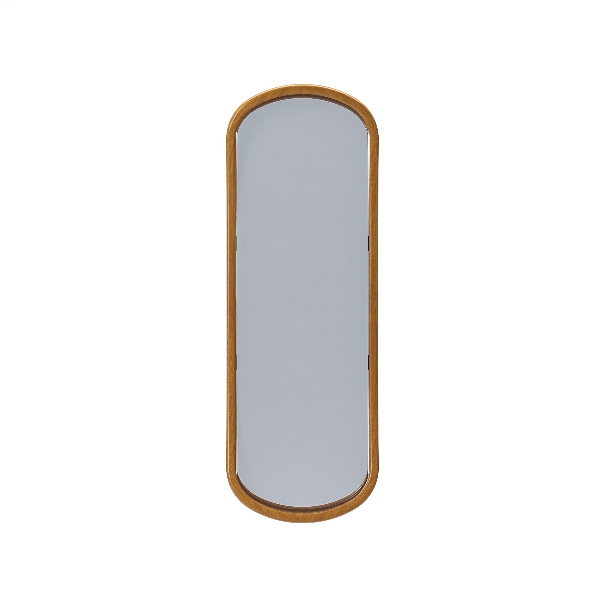 Moldura de espelho oval marrom com borda curva e vidro refletivo